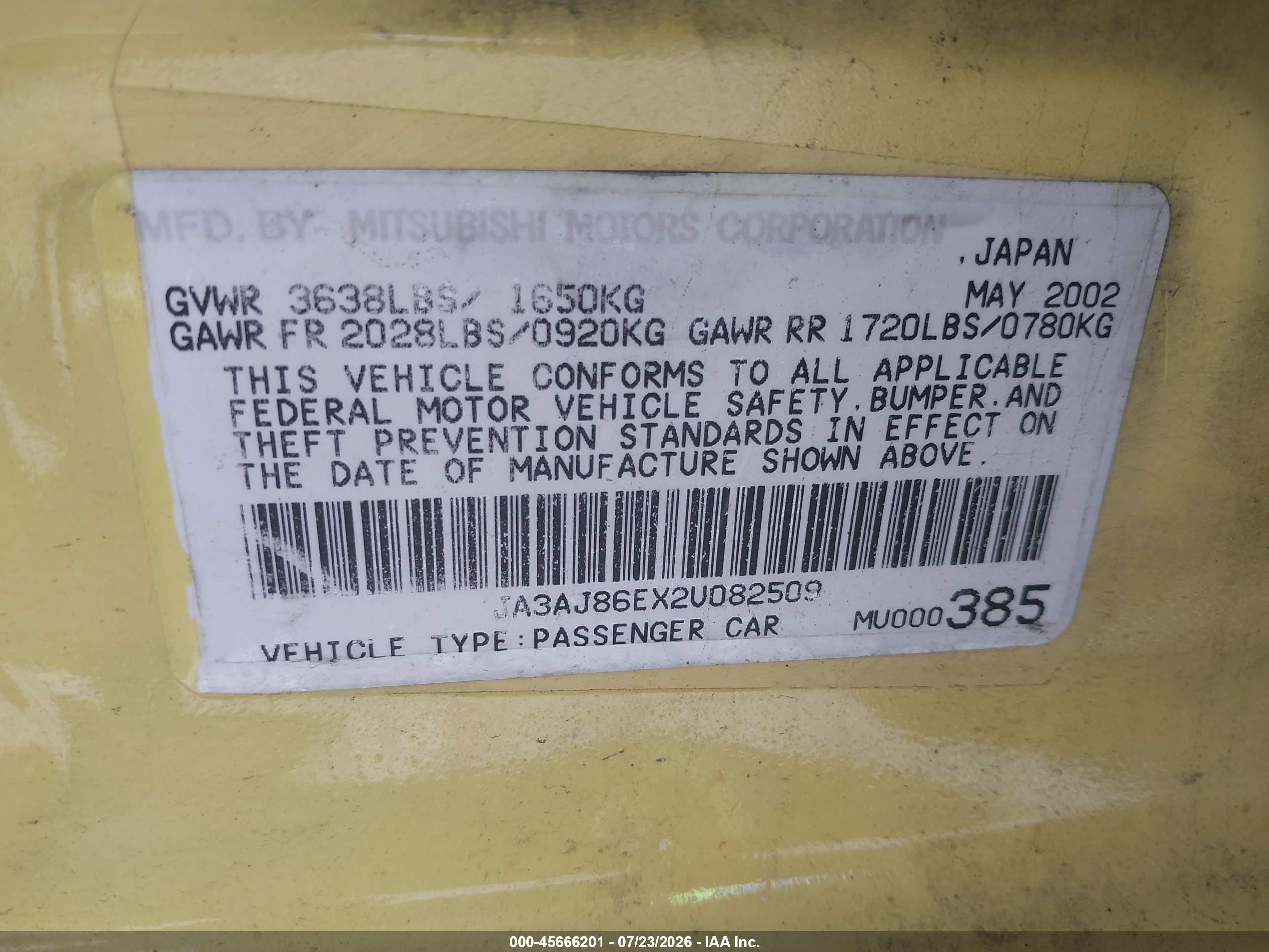 2002 Mitsubishi Lancer Oz Rally Yellow vin: JA3AJ86EX2U082509