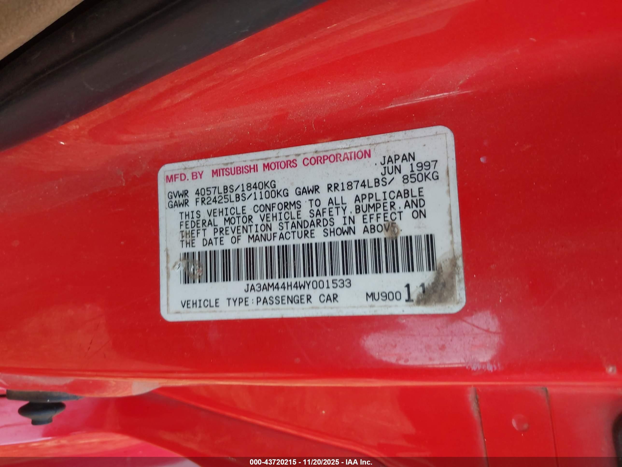 1998 Mitsubishi 3000 Gt   Red vin: JA3AM44H4WY001533