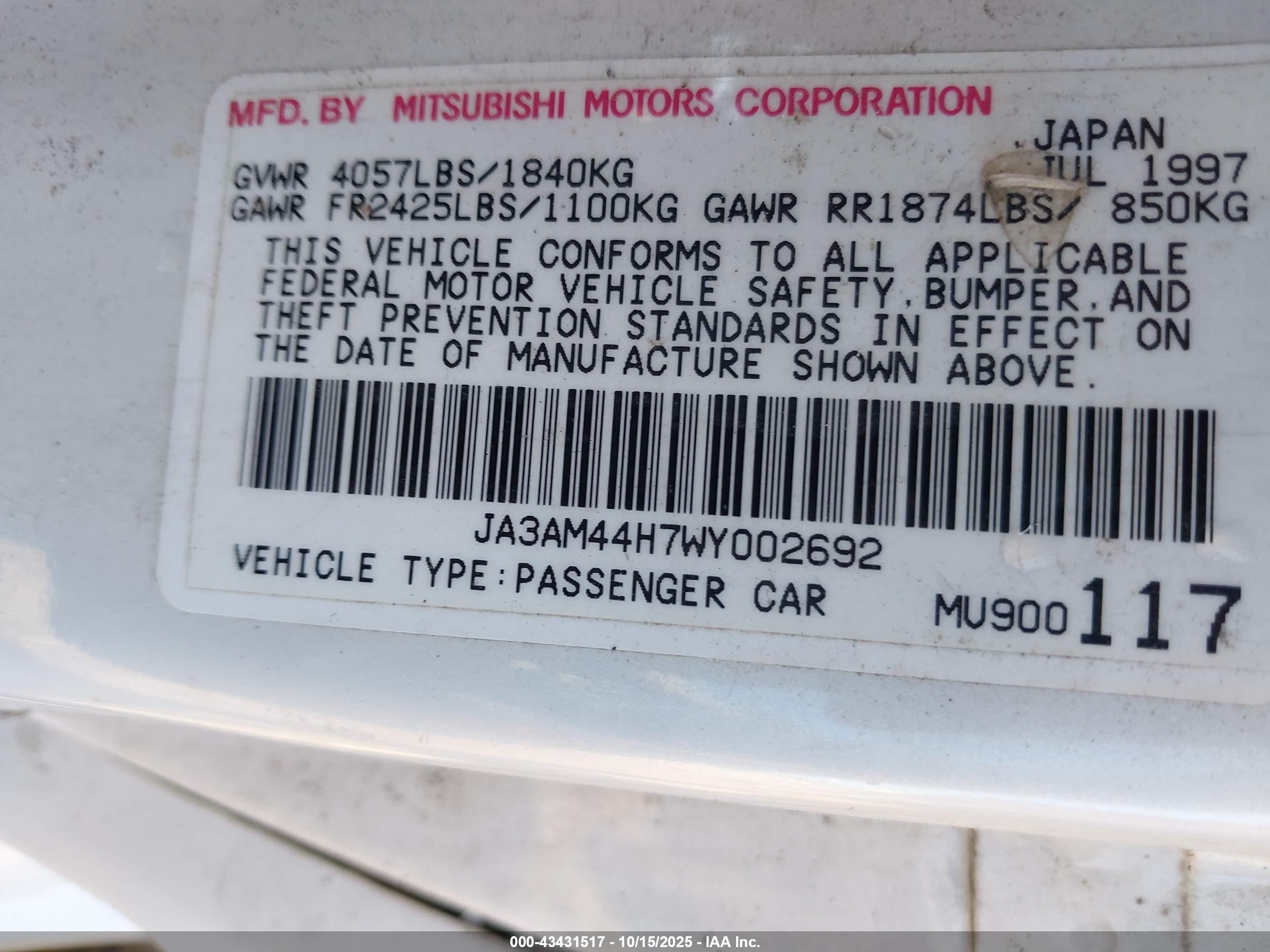 1998 Mitsubishi 3000 Gt   White vin: JA3AM44H7WY002692