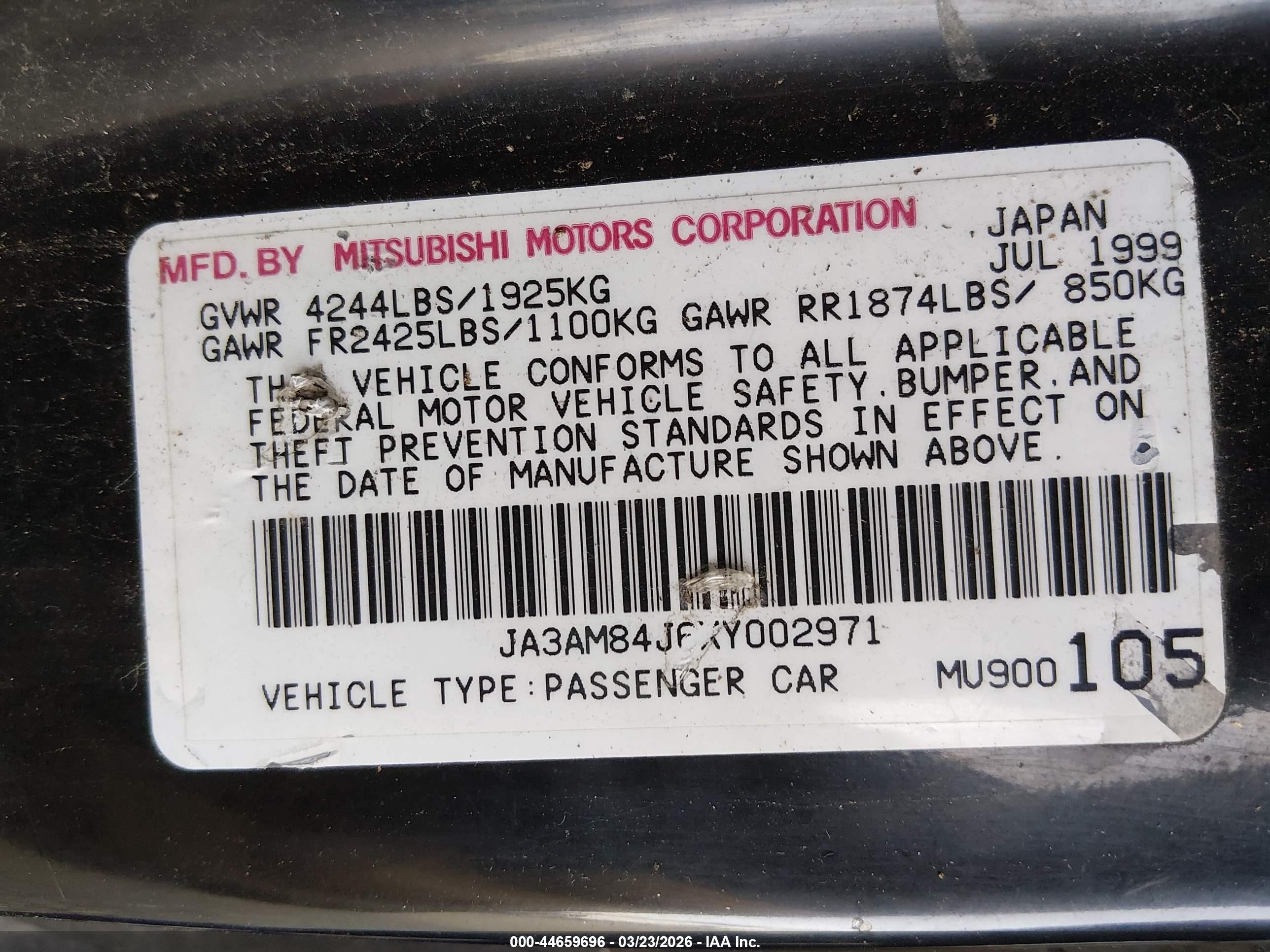 1999 Mitsubishi 3000 Gt Sl Black vin: JA3AM84J6XY002971