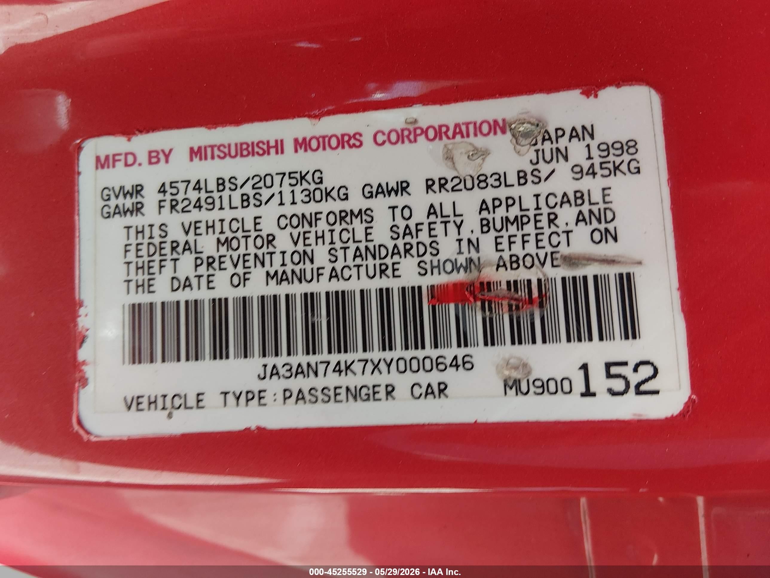 1999 Mitsubishi 3000 Gt Vr-4 Red vin: JA3AN74K7XY000646