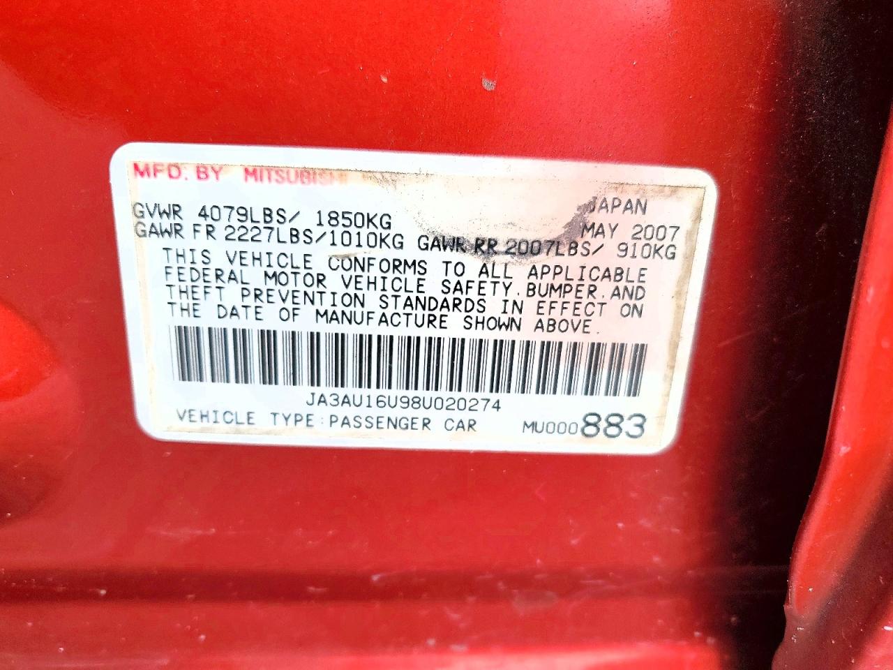 2008 Mitsubishi Lancer De Red vin: JA3AU16U98U020274