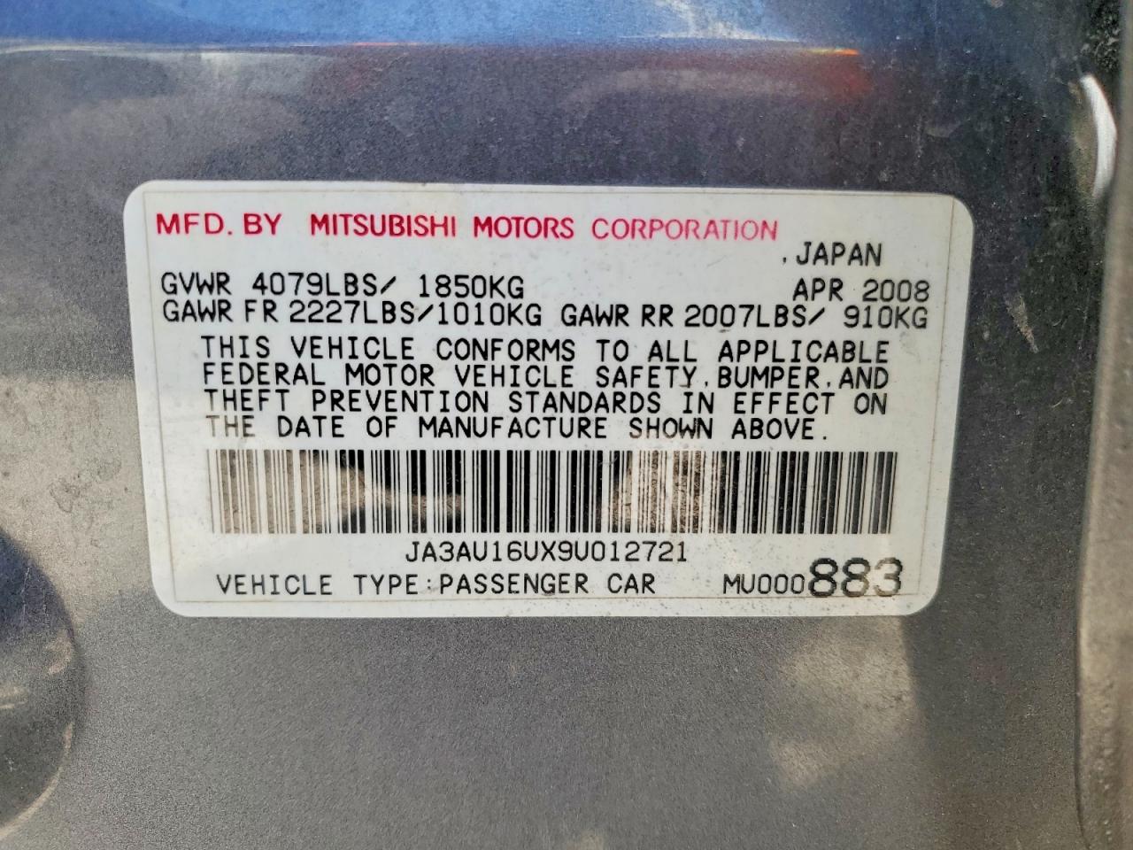 2009 Mitsubishi Lancer De Black vin: JA3AU16UX9U012721