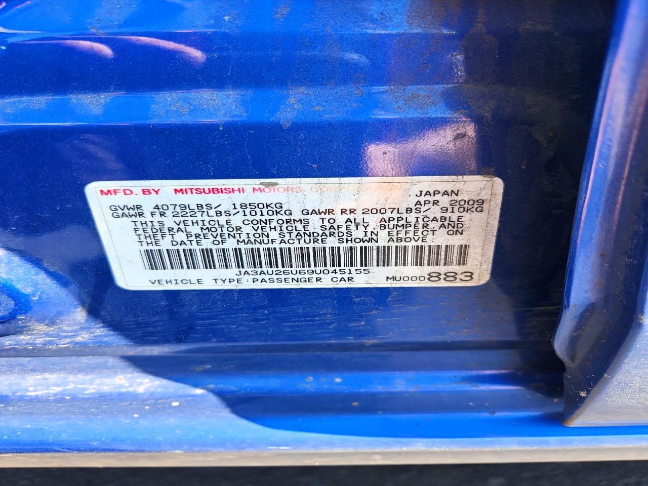 2009 Mitsubishi Lancer Es Blue vin: JA3AU26U69U045155