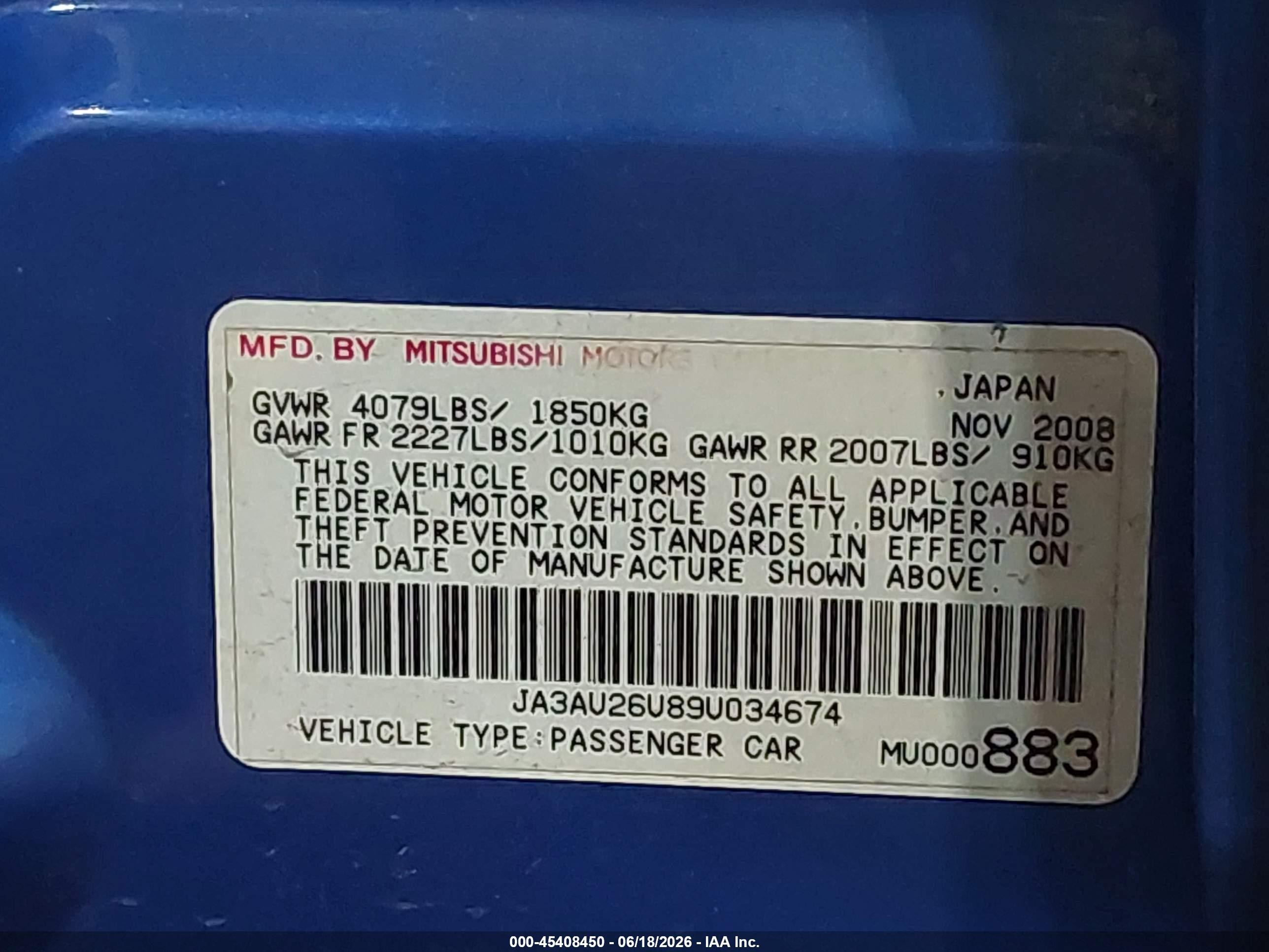 2009 Mitsubishi Lancer Es/es-sport Blue vin: JA3AU26U89U034674