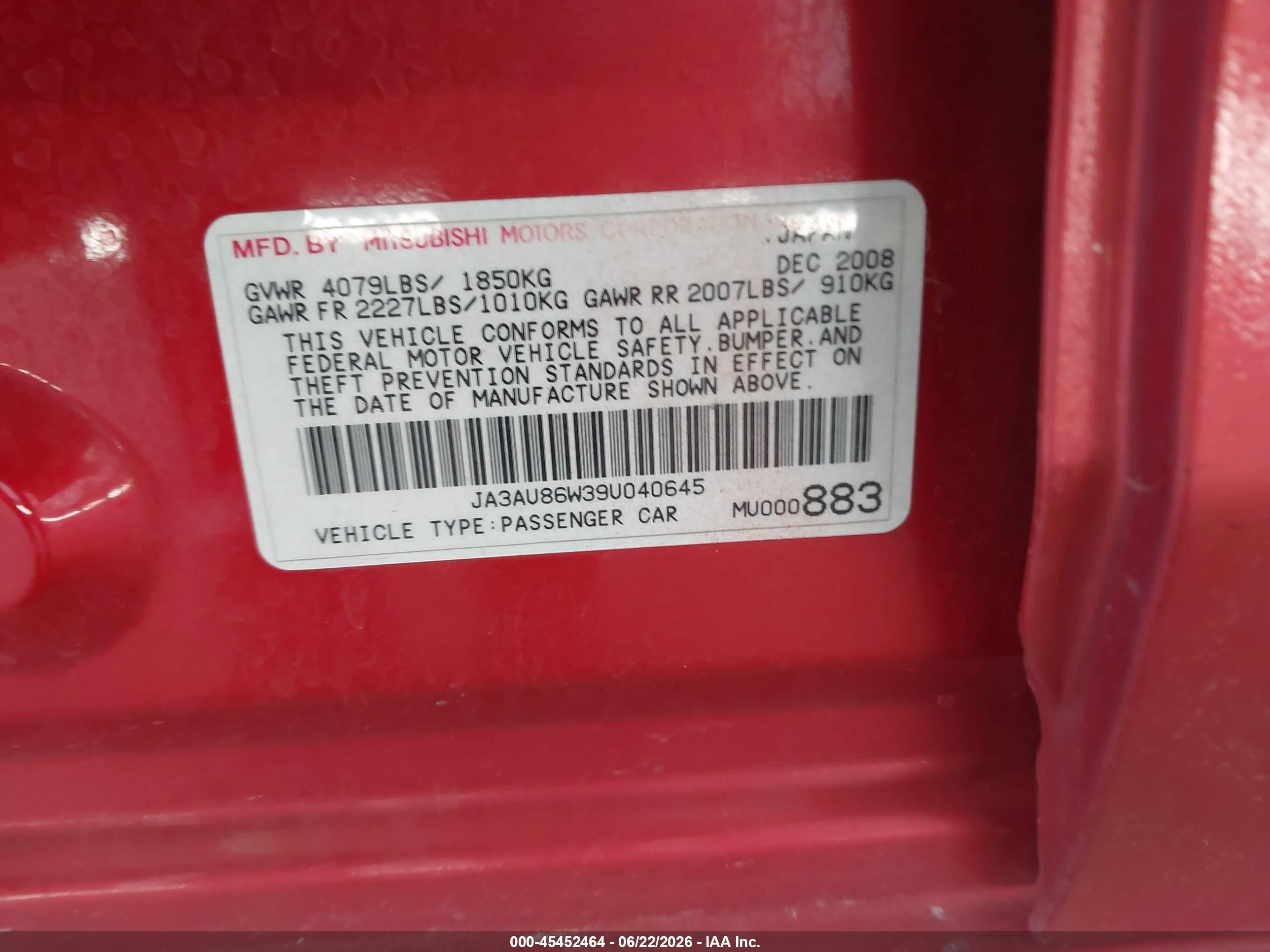 2009 Mitsubishi Lancer Gts Red vin: JA3AU86W39U040645