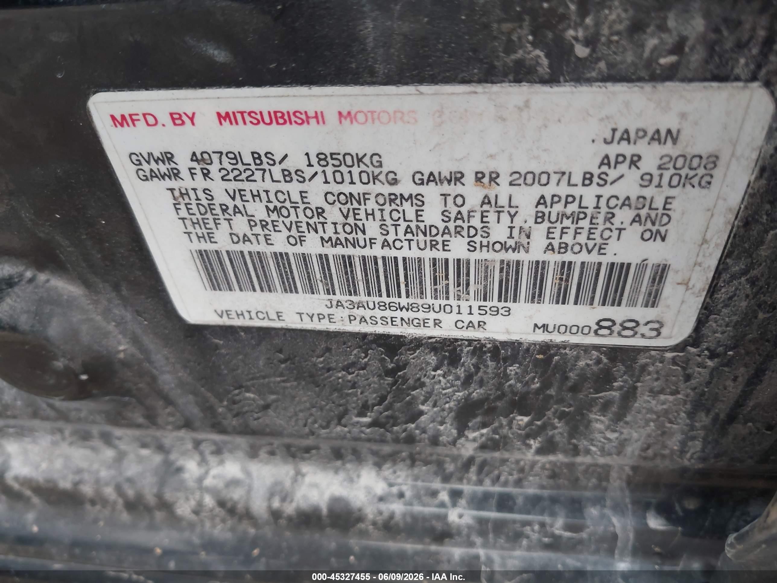2009 Mitsubishi Lancer Gts Black vin: JA3AU86W89U011593