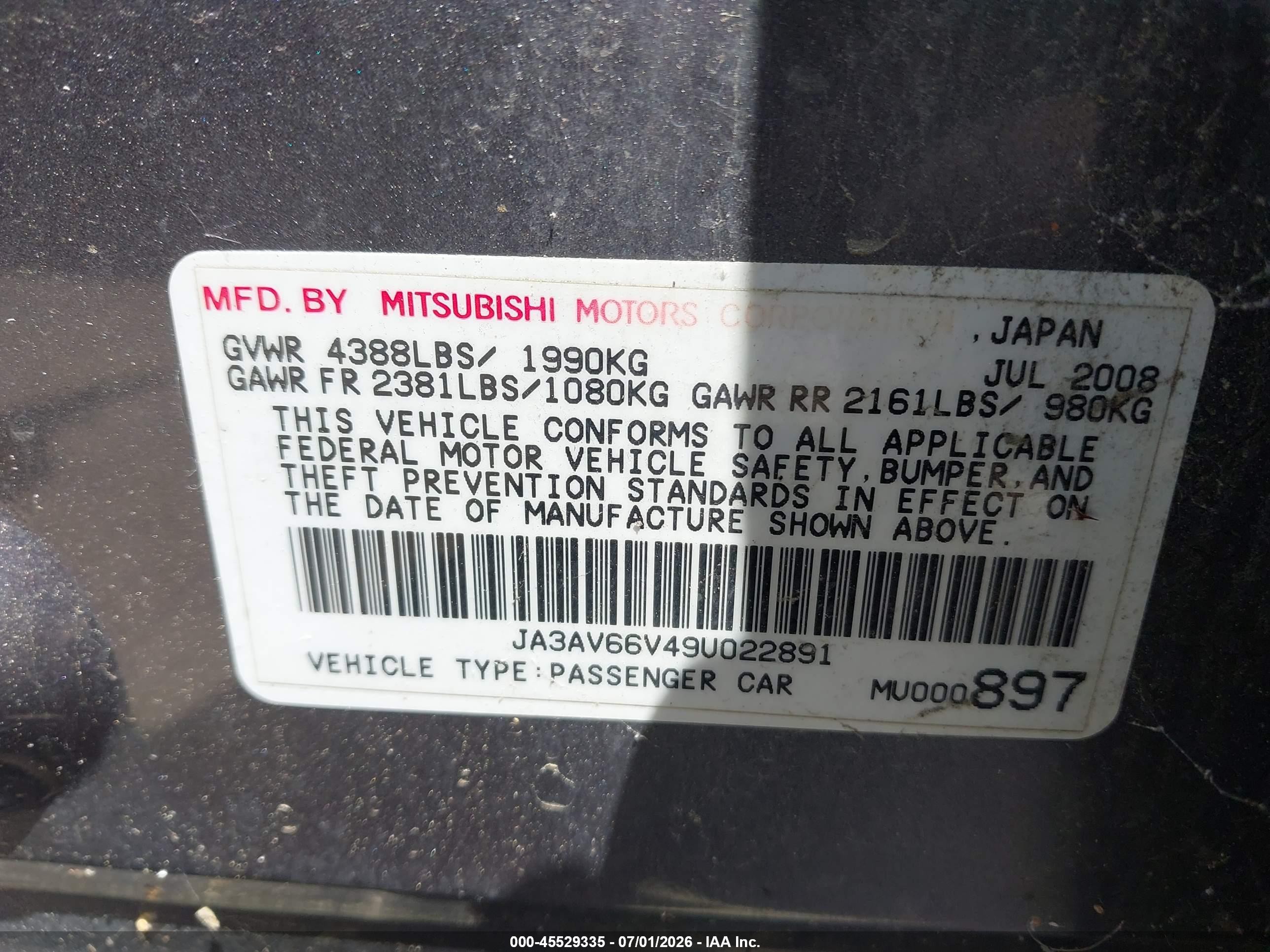 2009 Mitsubishi Lancer Ralliart Blue vin: JA3AV66V49U022891