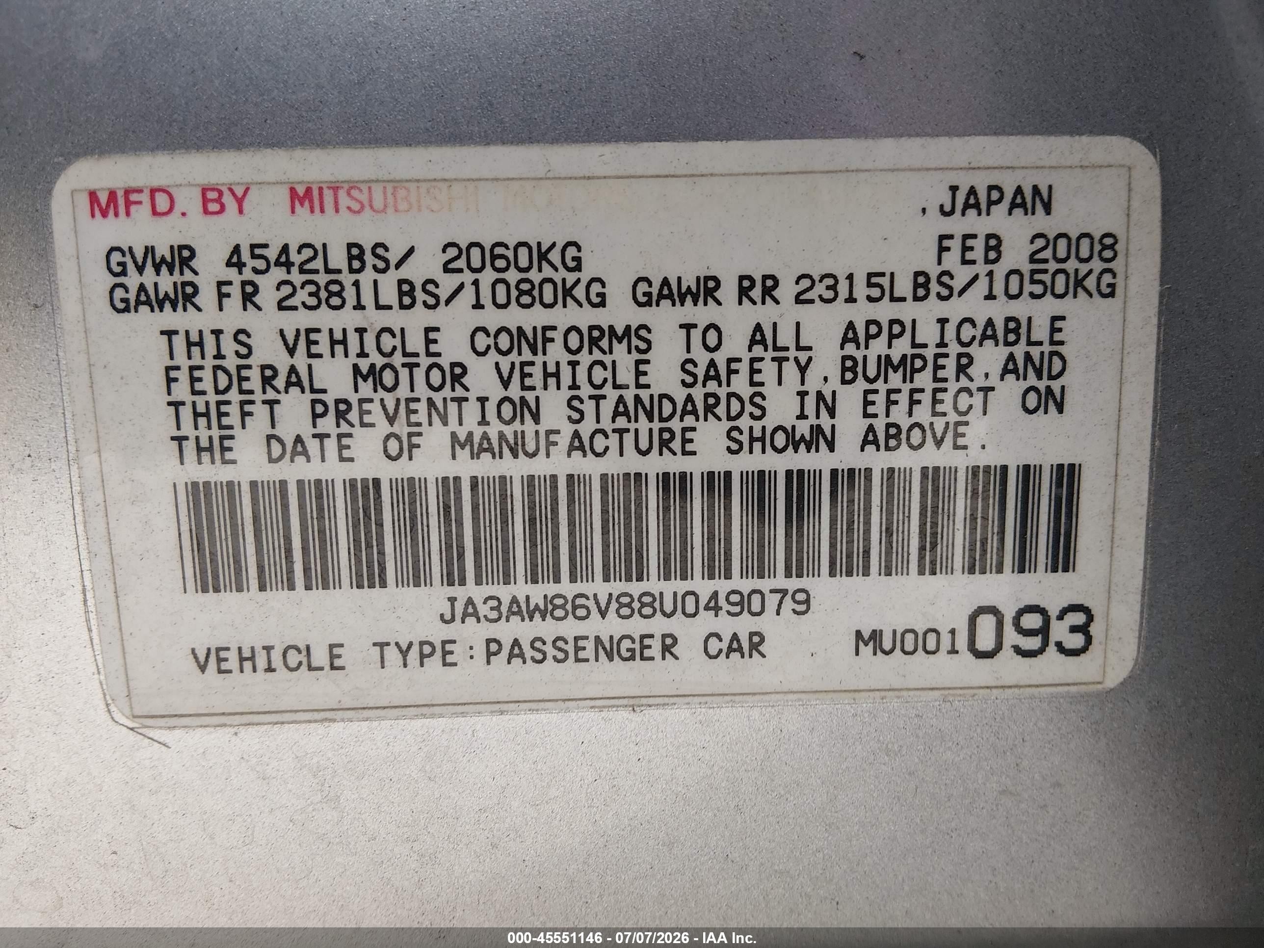 2008 Mitsubishi Lancer Evolution Gsr Silver vin: JA3AW86V88U049079