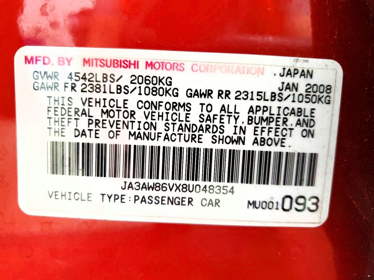 2008 Mitsubishi Lancer Evolution Gsr Red vin: JA3AW86VX8U048354