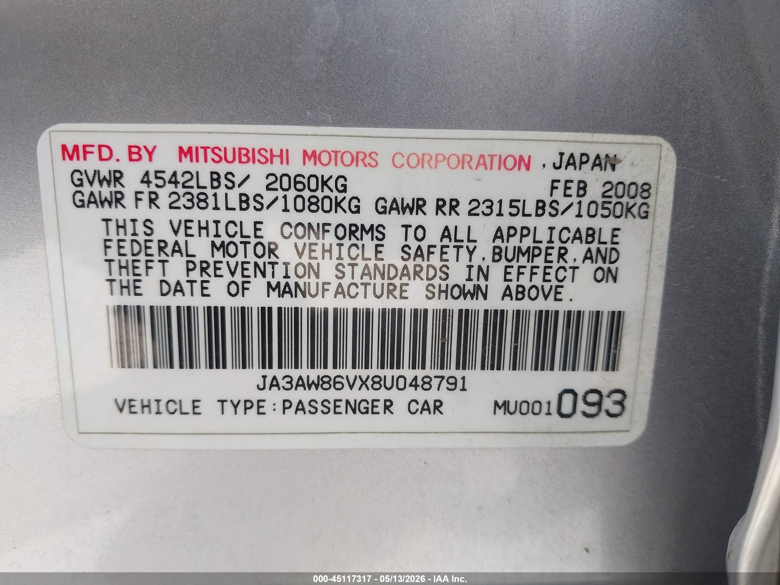 2008 Mitsubishi Lancer Evolution Gsr Green vin: JA3AW86VX8U048791