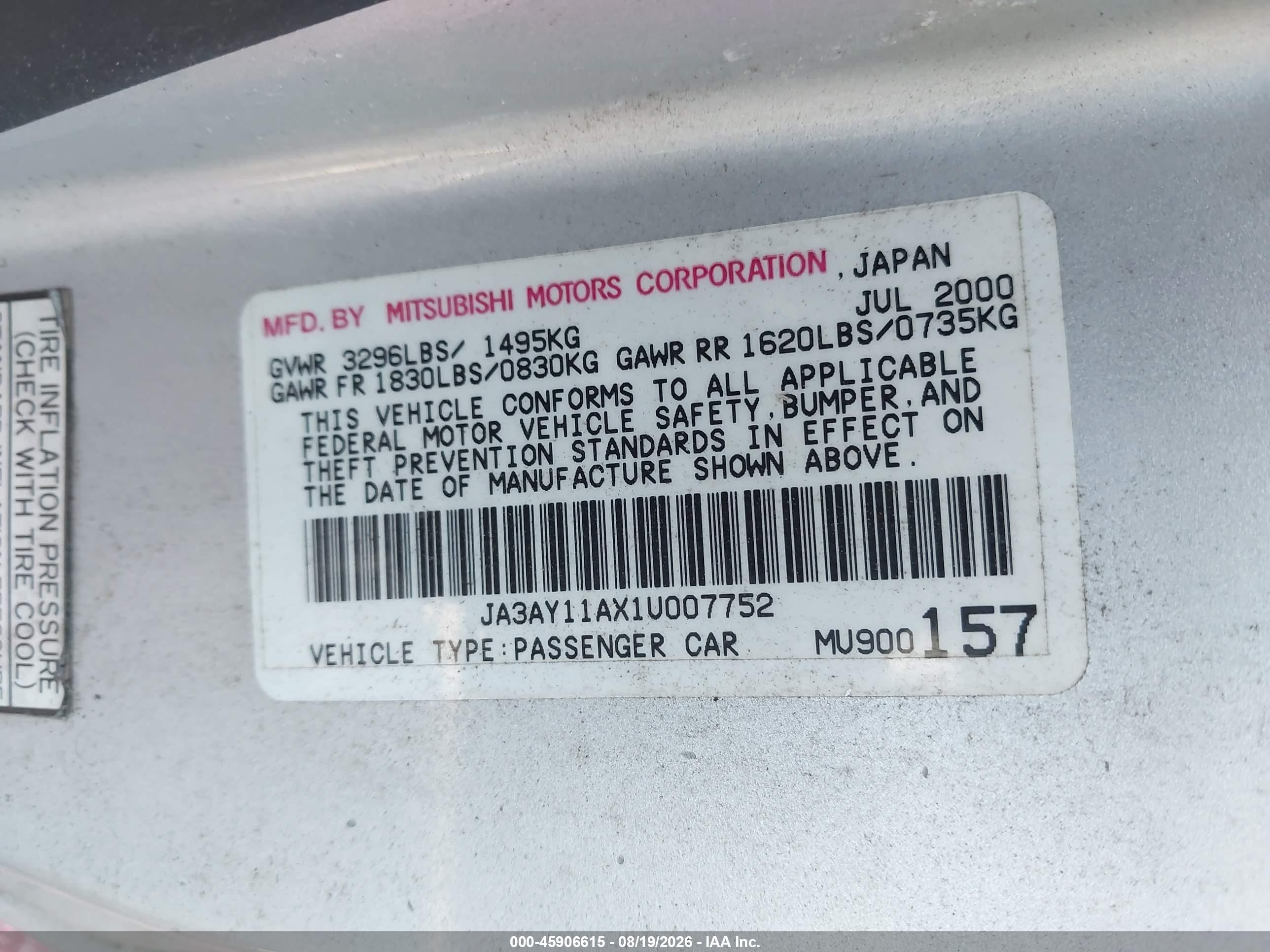 2001 Mitsubishi Mirage De Silver vin: JA3AY11AX1U007752