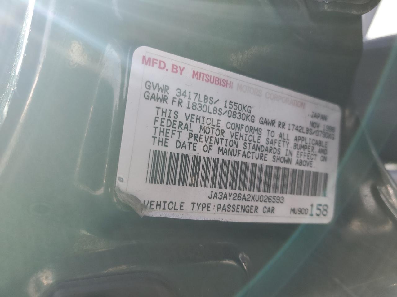1999 Mitsubishi Mirage De Green vin: JA3AY26A2XU026593