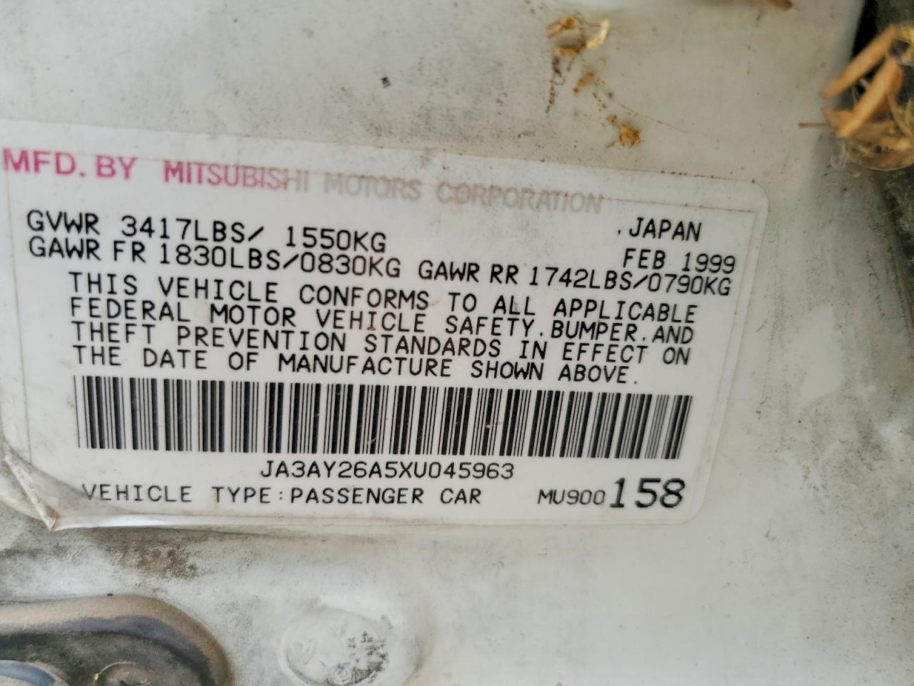 1999 Mitsubishi Mirage De White vin: JA3AY26A5XU045963