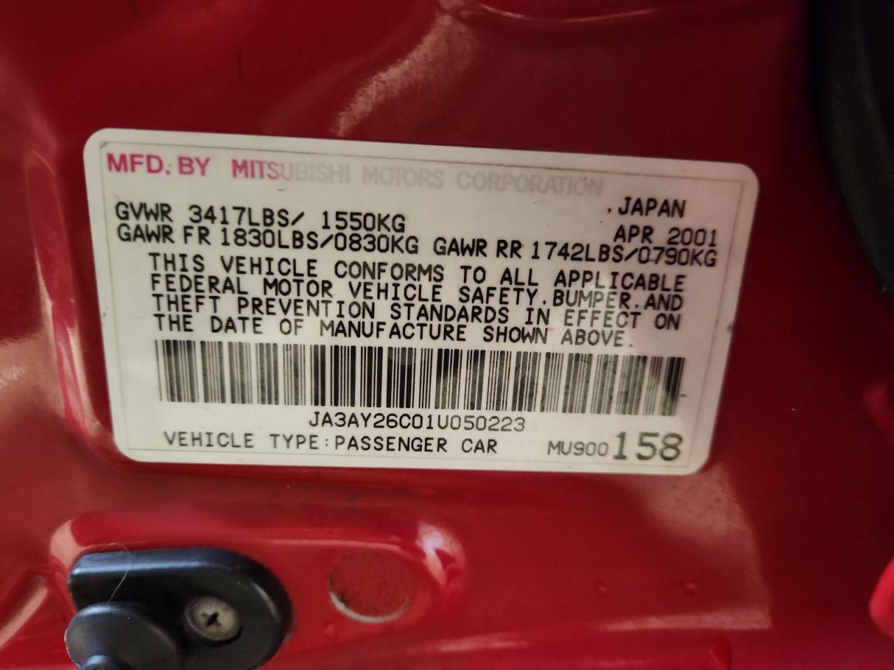 2001 Mitsubishi Mirage Es Red vin: JA3AY26C01U050223