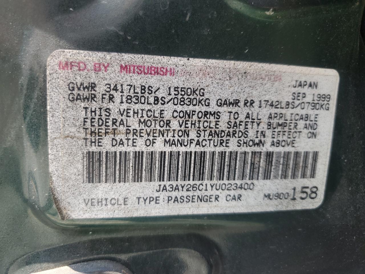 2000 Mitsubishi Mirage De Black vin: JA3AY26C1YU023400