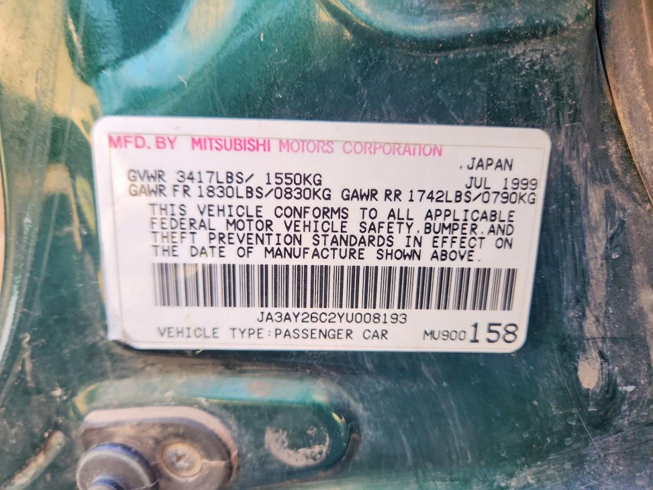 2000 Mitsubishi Mirage De Green vin: JA3AY26C2YU008193