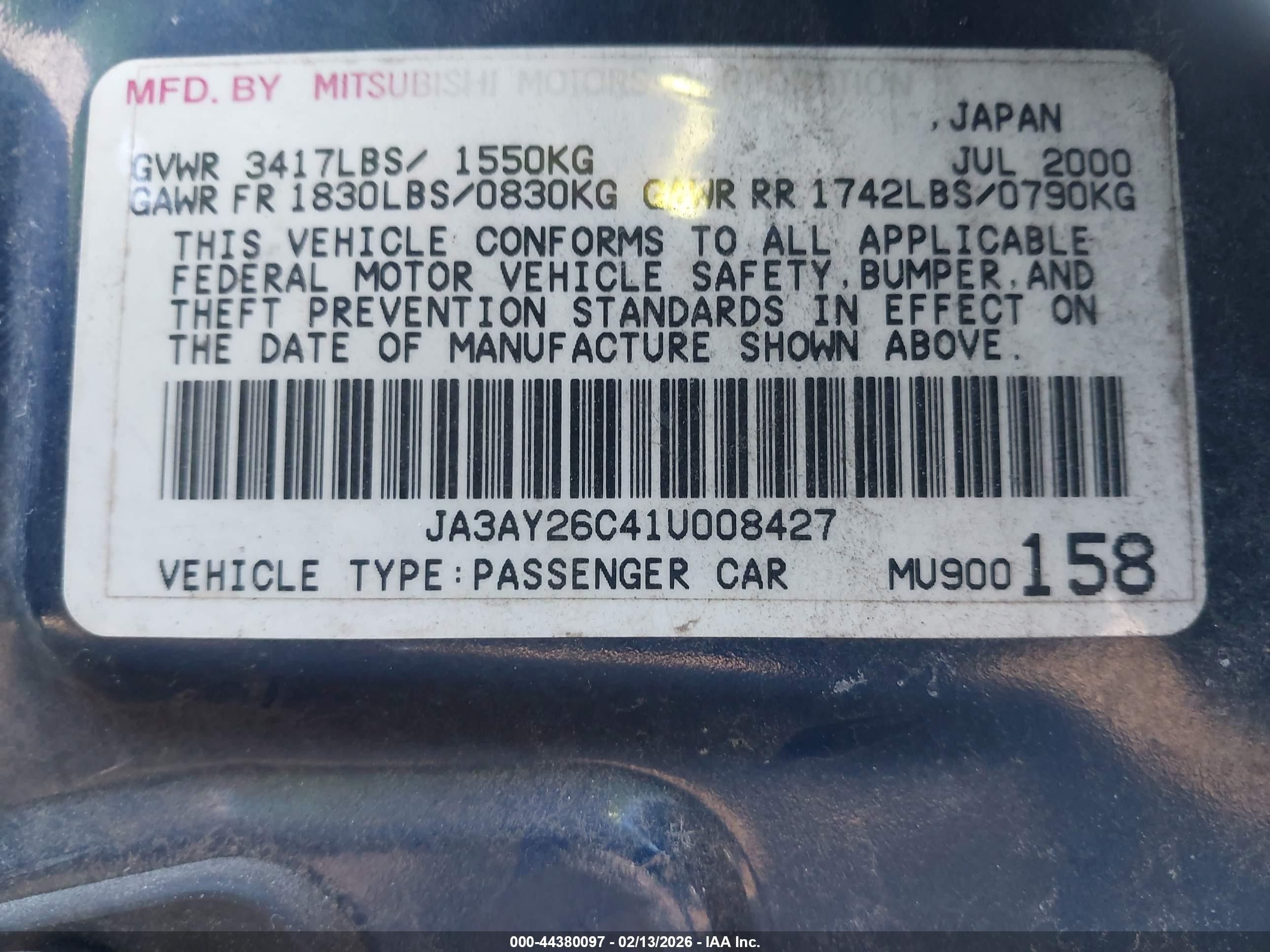 2001 Mitsubishi Mirage Es Blue vin: JA3AY26C41U008427