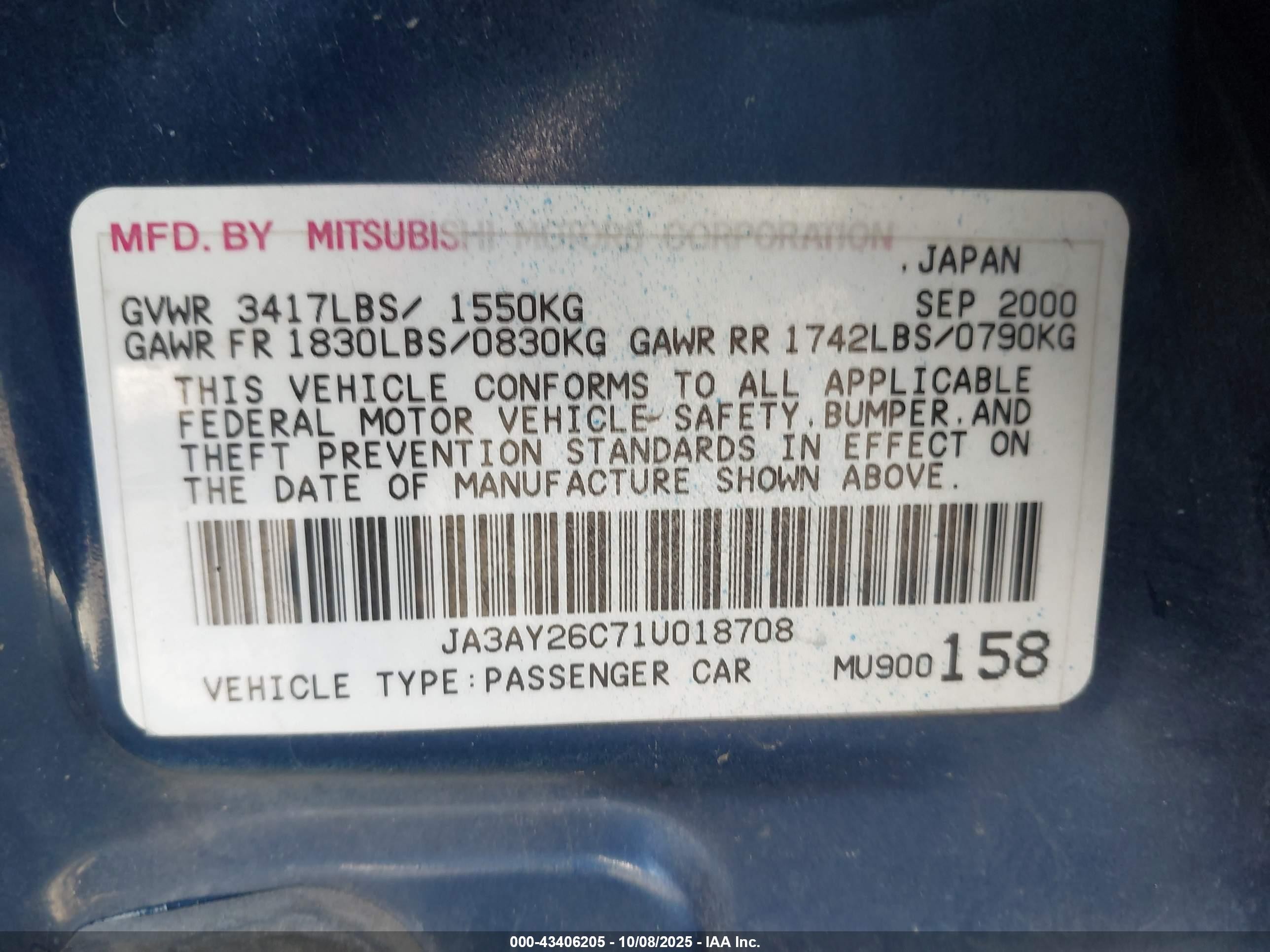 2001 Mitsubishi Mirage Es Blue vin: JA3AY26C71U018708