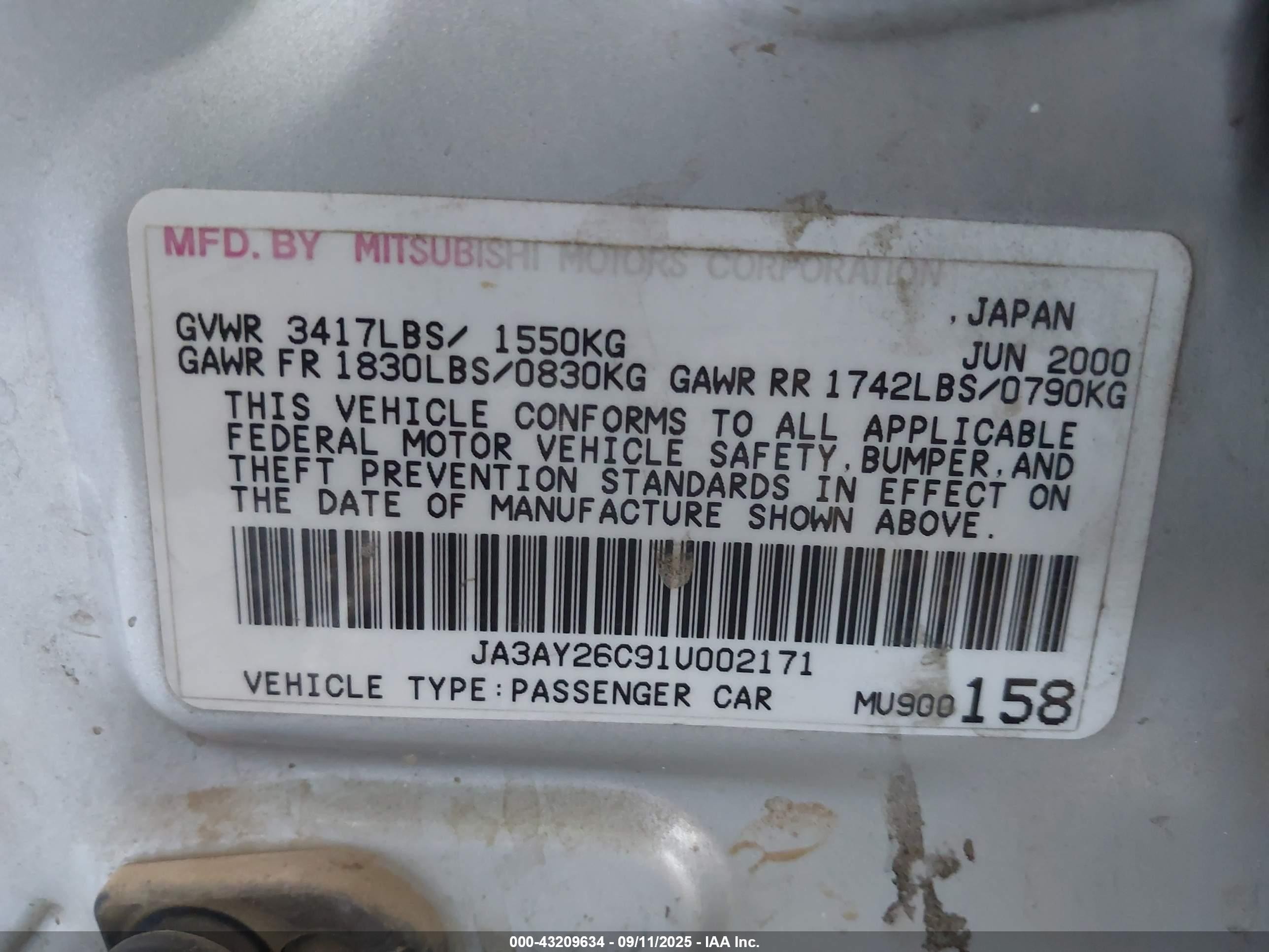2001 Mitsubishi Mirage Es Silver vin: JA3AY26C91U002171