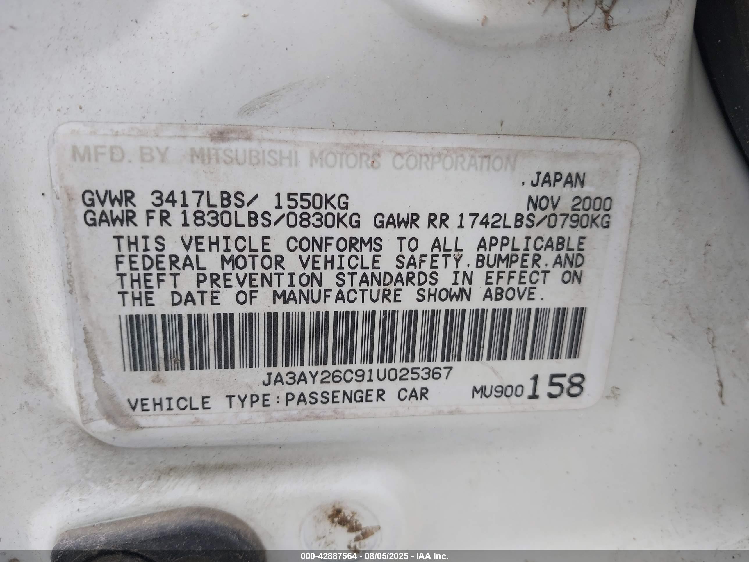 2001 Mitsubishi Mirage Es White vin: JA3AY26C91U025367