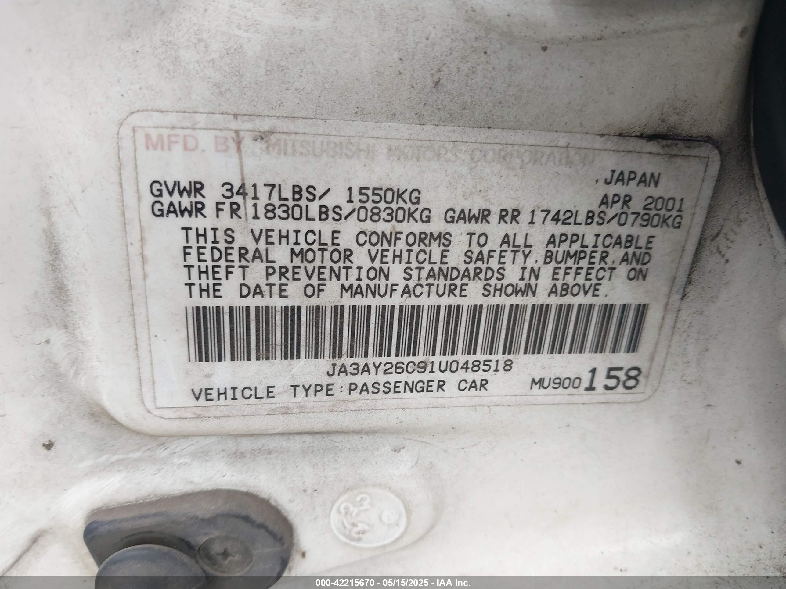 2001 Mitsubishi Mirage Es White vin: JA3AY26C91U048518