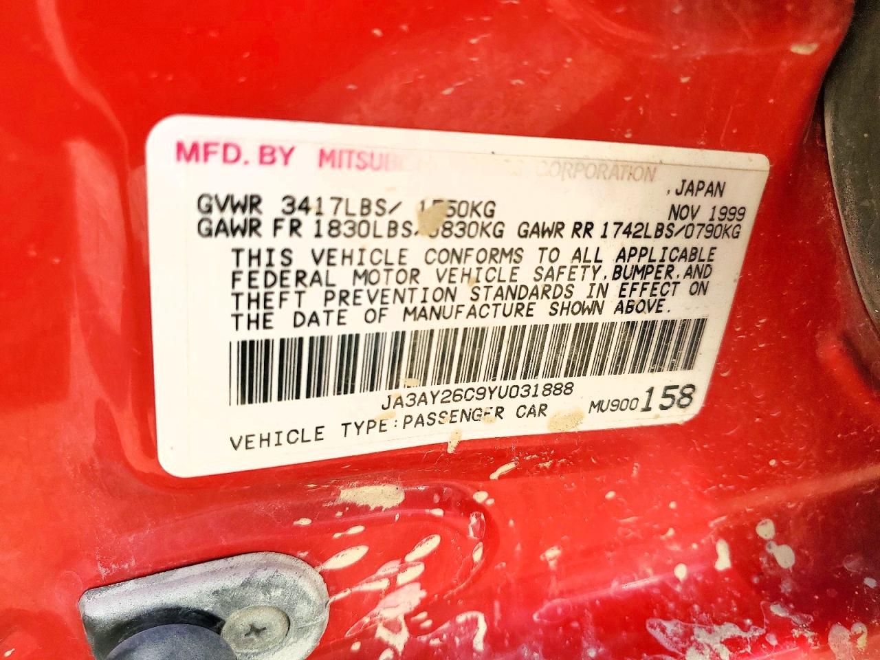 2000 Mitsubishi Mirage Red vin: JA3AY26C9YU031888
