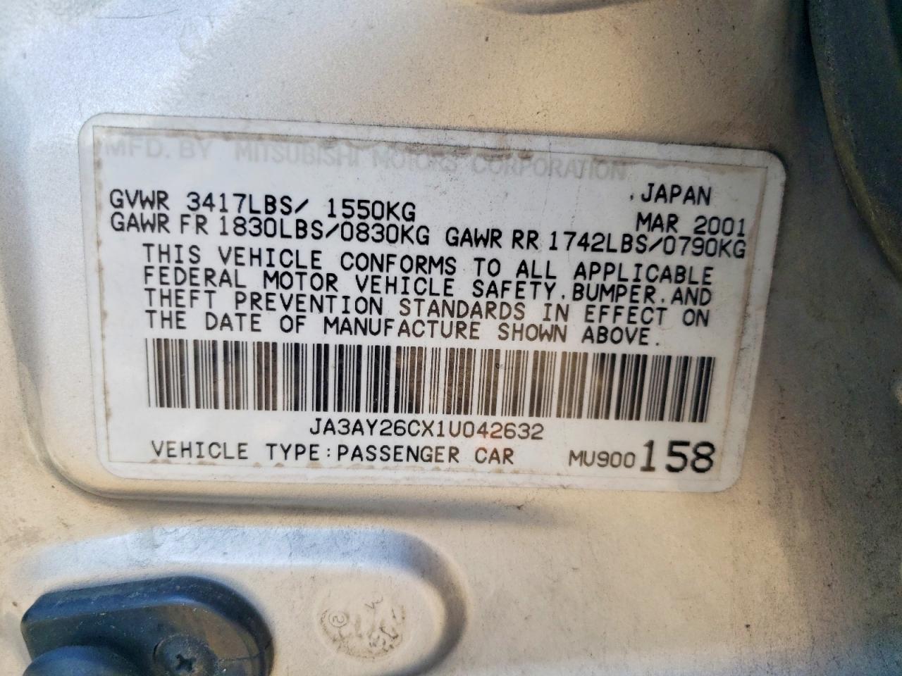 2001 Mitsubishi Mirage Es Silver vin: JA3AY26CX1U042632