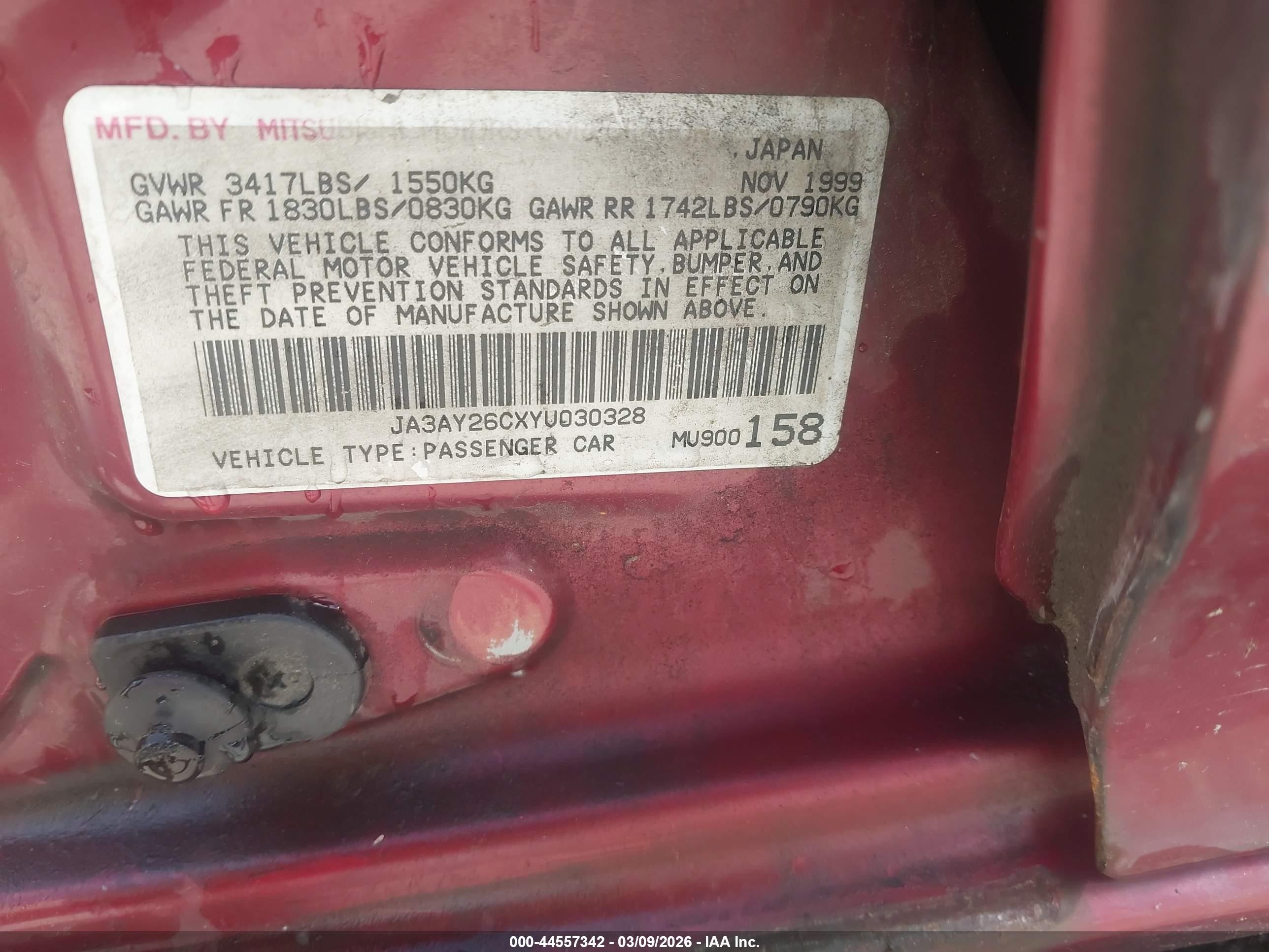 2000 Mitsubishi Mirage De Red vin: JA3AY26CXYU030328