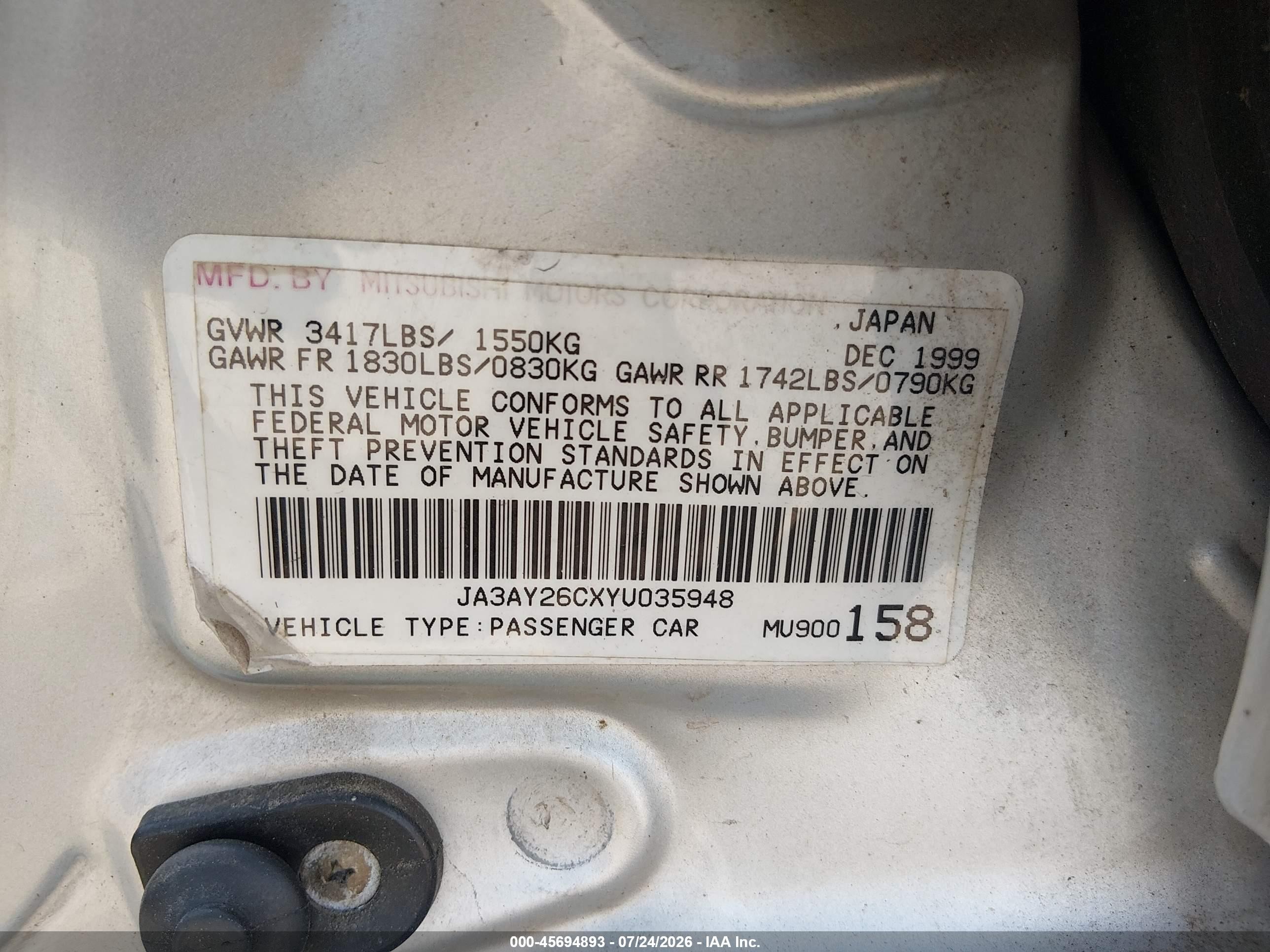 2000 Mitsubishi Mirage De Silver vin: JA3AY26CXYU035948