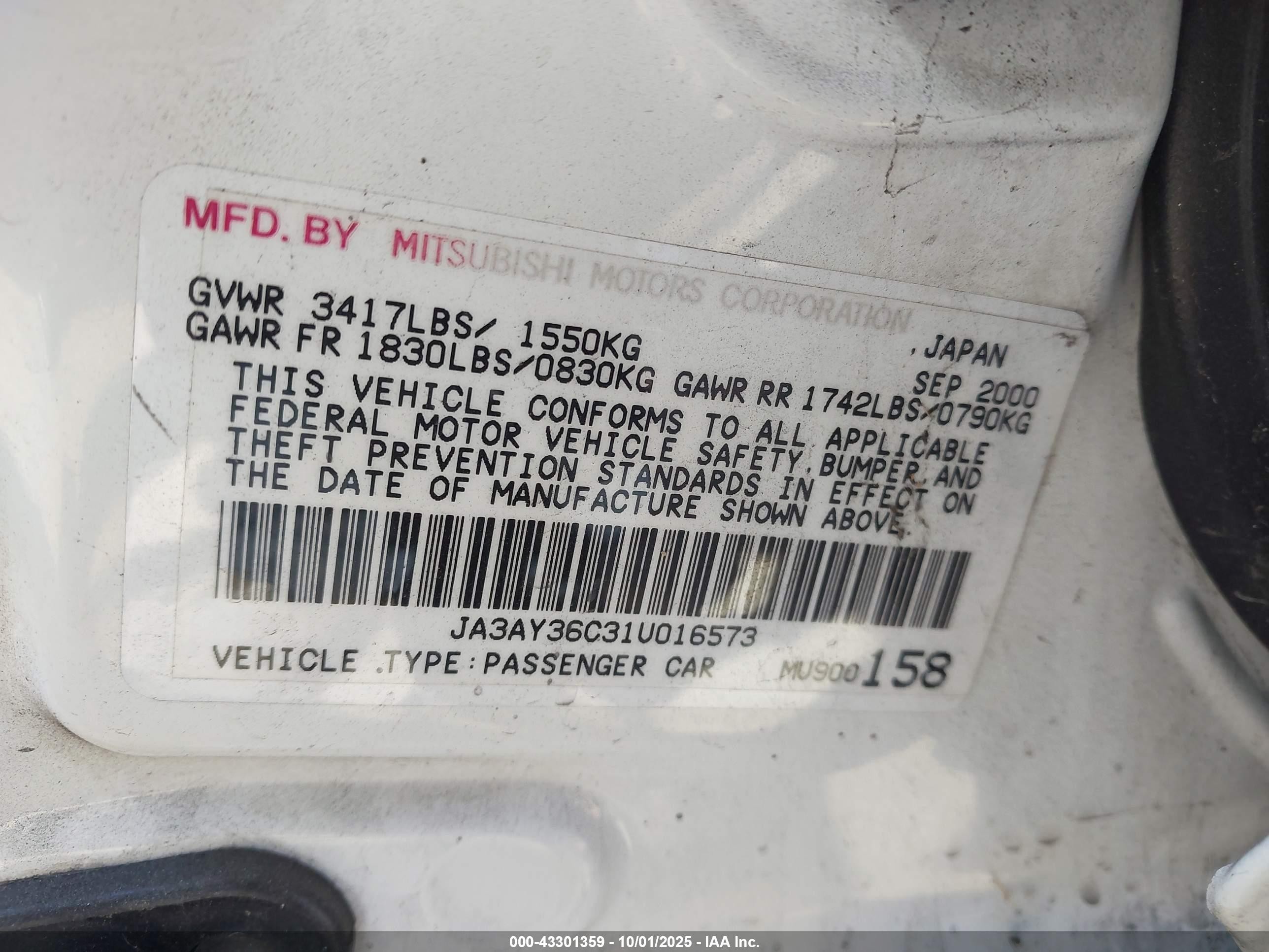 2001 Mitsubishi Mirage Ls White vin: JA3AY36C31U016573