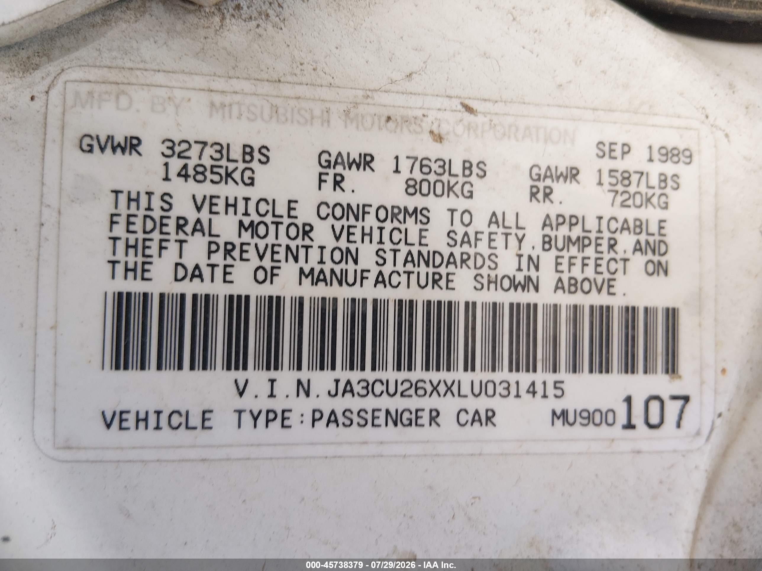 1990 Mitsubishi Mirage   White vin: JA3CU26XXLU031415
