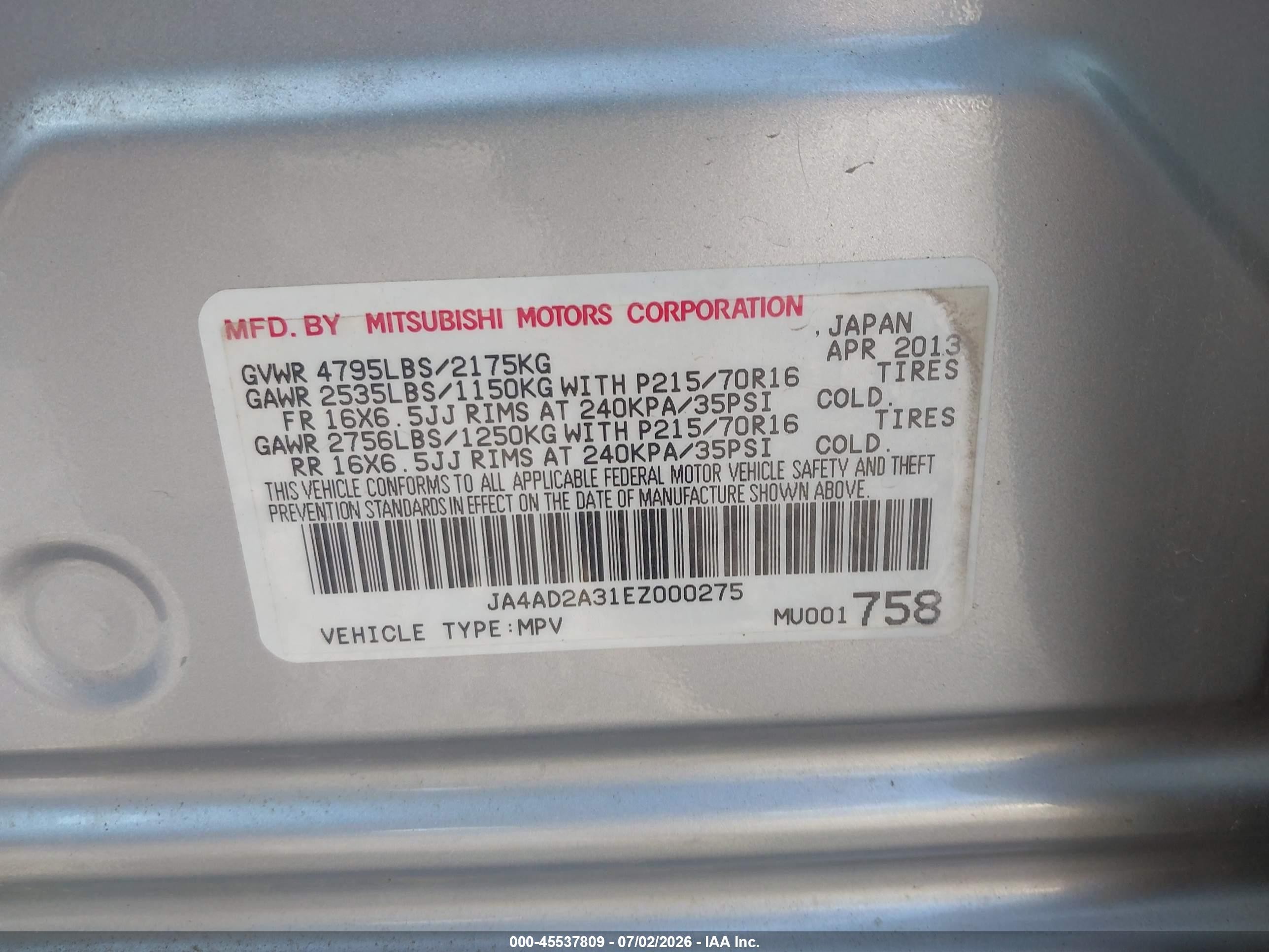 2014 Mitsubishi Outlander Es Silver vin: JA4AD2A31EZ000275