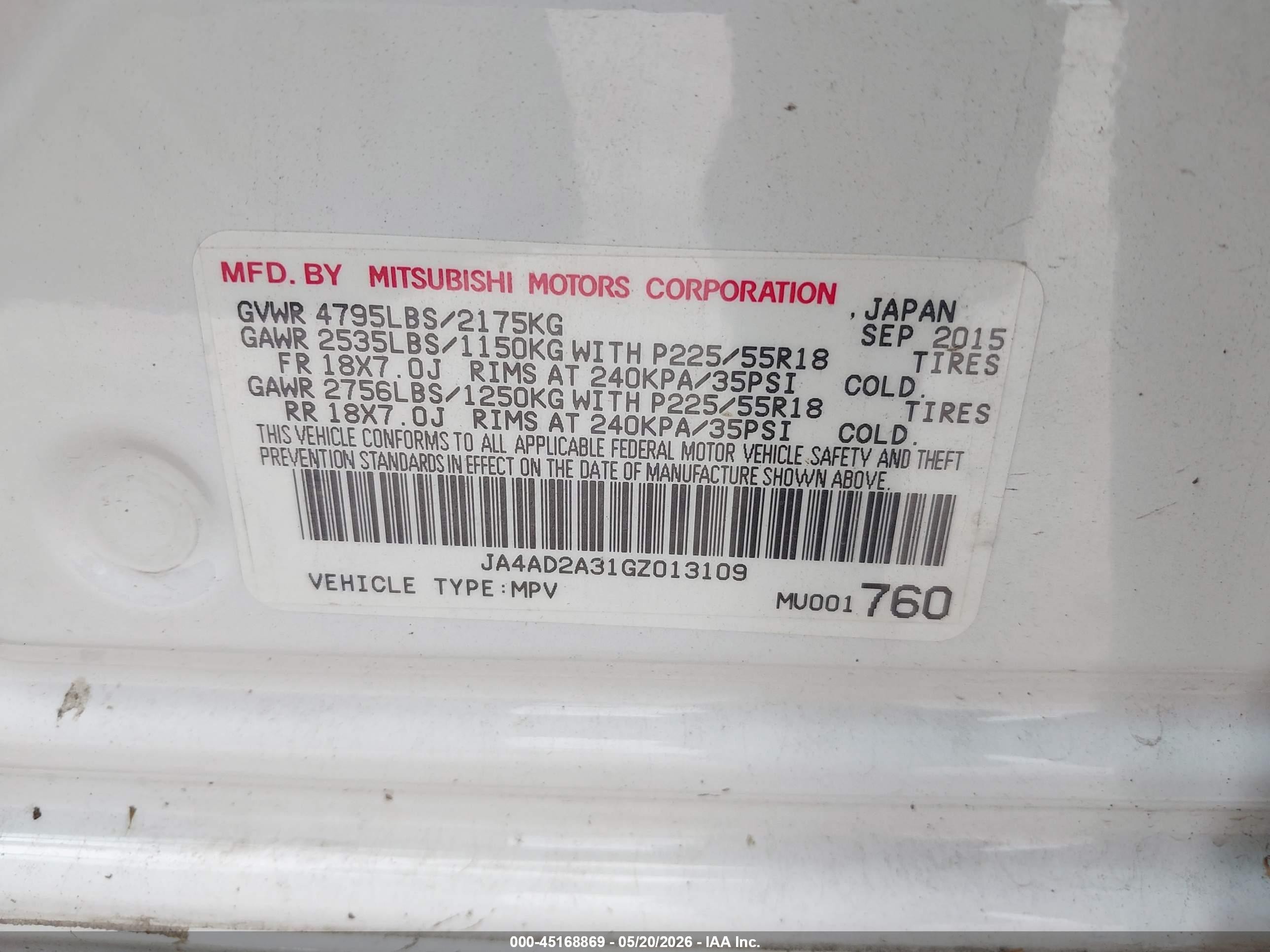 2016 Mitsubishi Outlander Es White vin: JA4AD2A31GZ013109