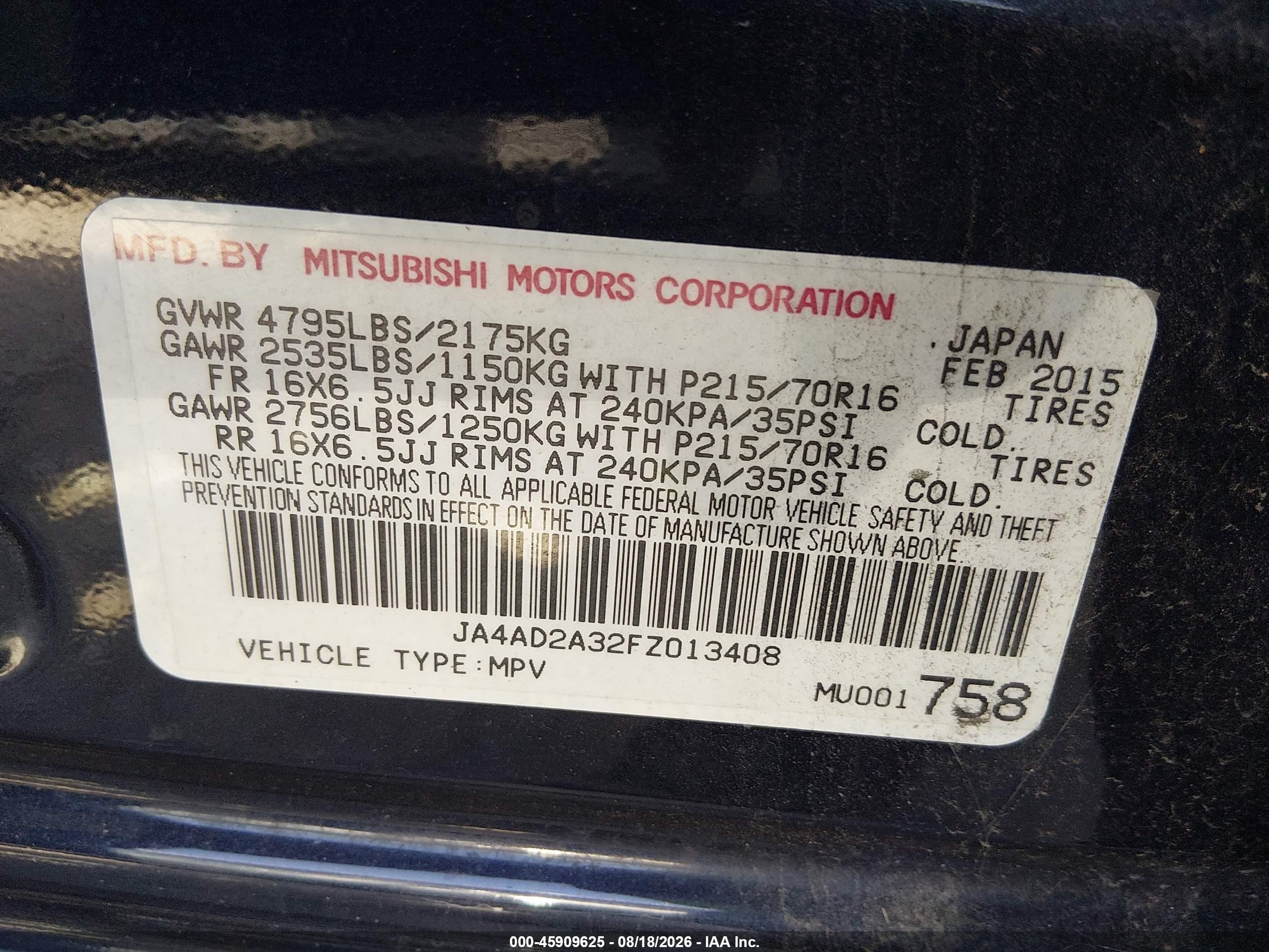 2015 Mitsubishi Outlander Es Blue vin: JA4AD2A32FZ013408