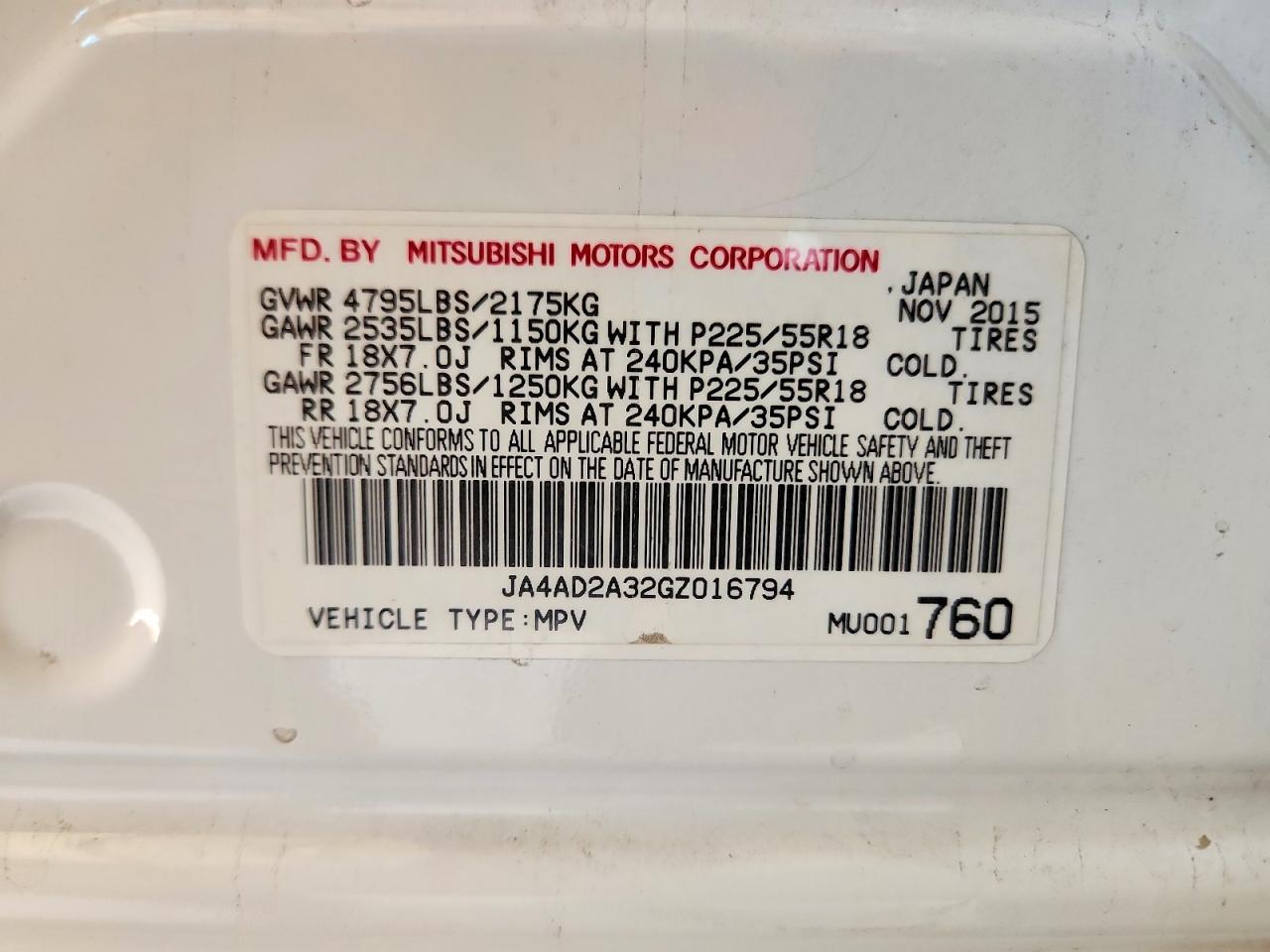 2016 Mitsubishi Outlander Es White vin: JA4AD2A32GZ016794