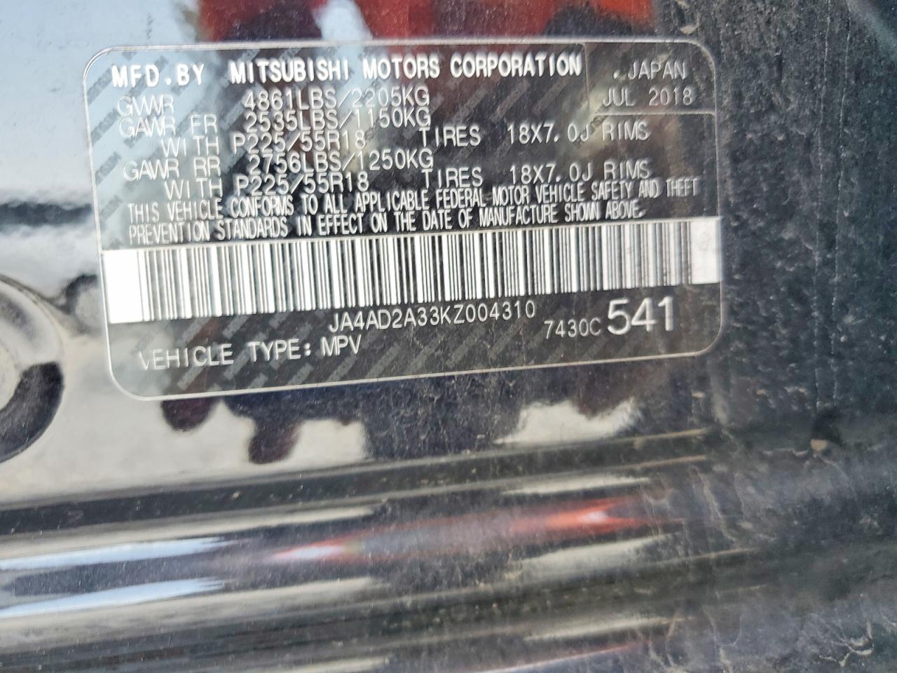 2019 Mitsubishi Outlander Black vin: JA4AD2A33KZ004310