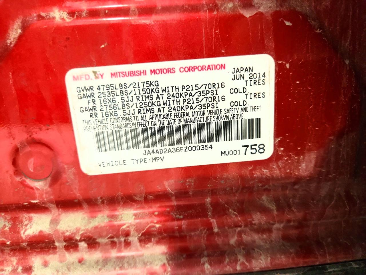 2015 Mitsubishi Outlander Es Red vin: JA4AD2A36FZ000354