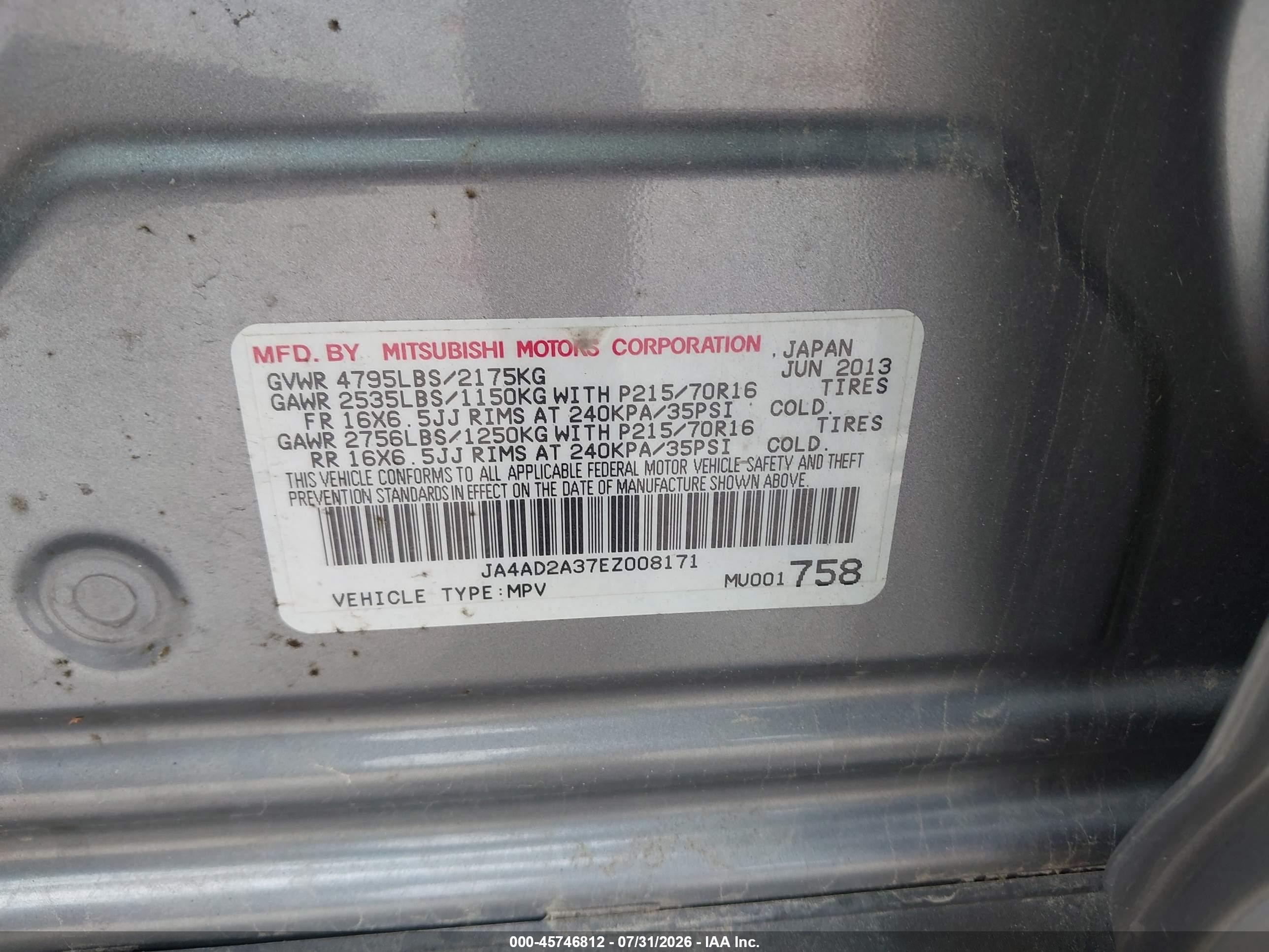 2014 Mitsubishi Outlander Es Gray vin: JA4AD2A37EZ008171