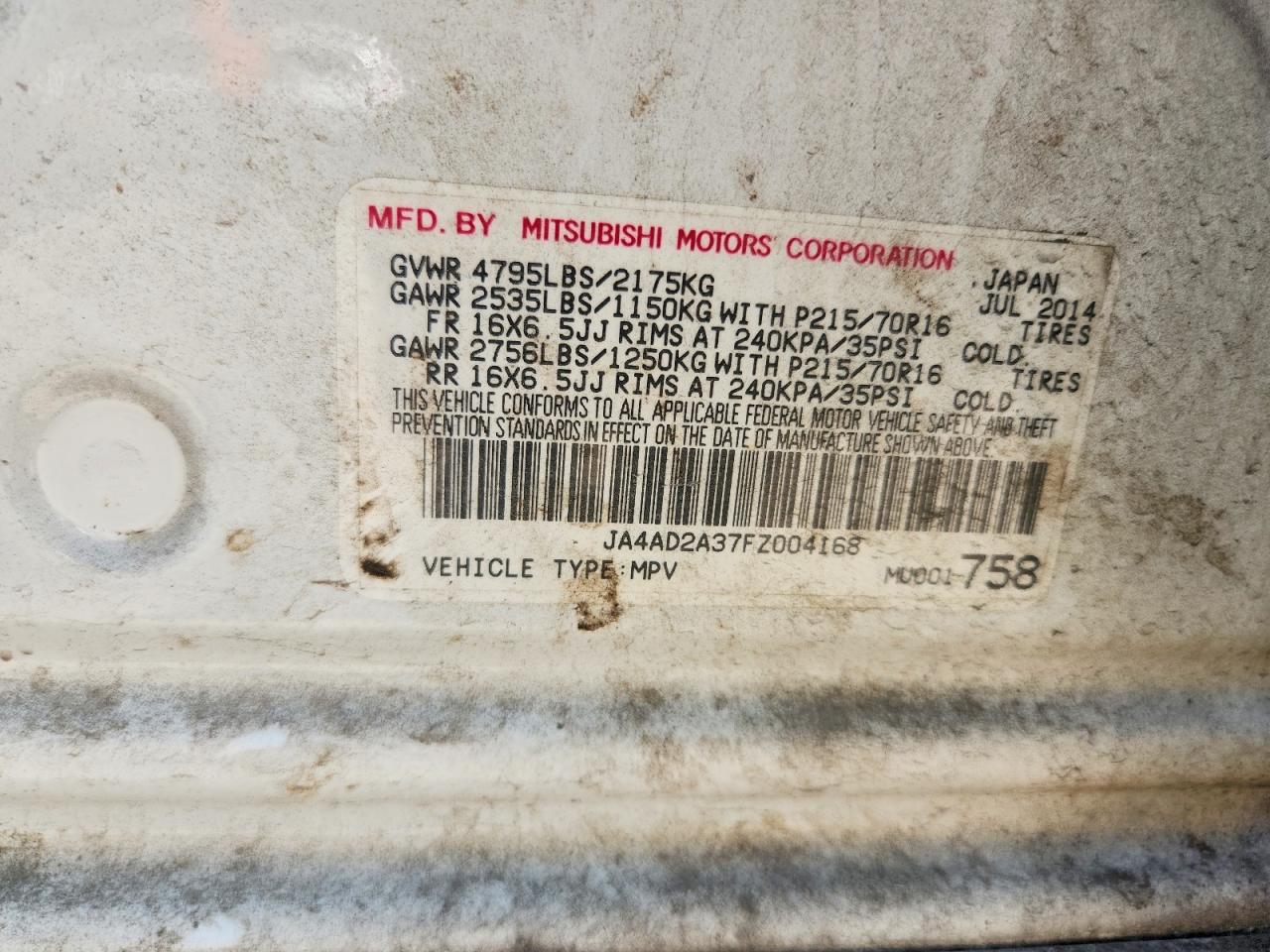 2015 Mitsubishi Outlander Es White vin: JA4AD2A37FZ004168