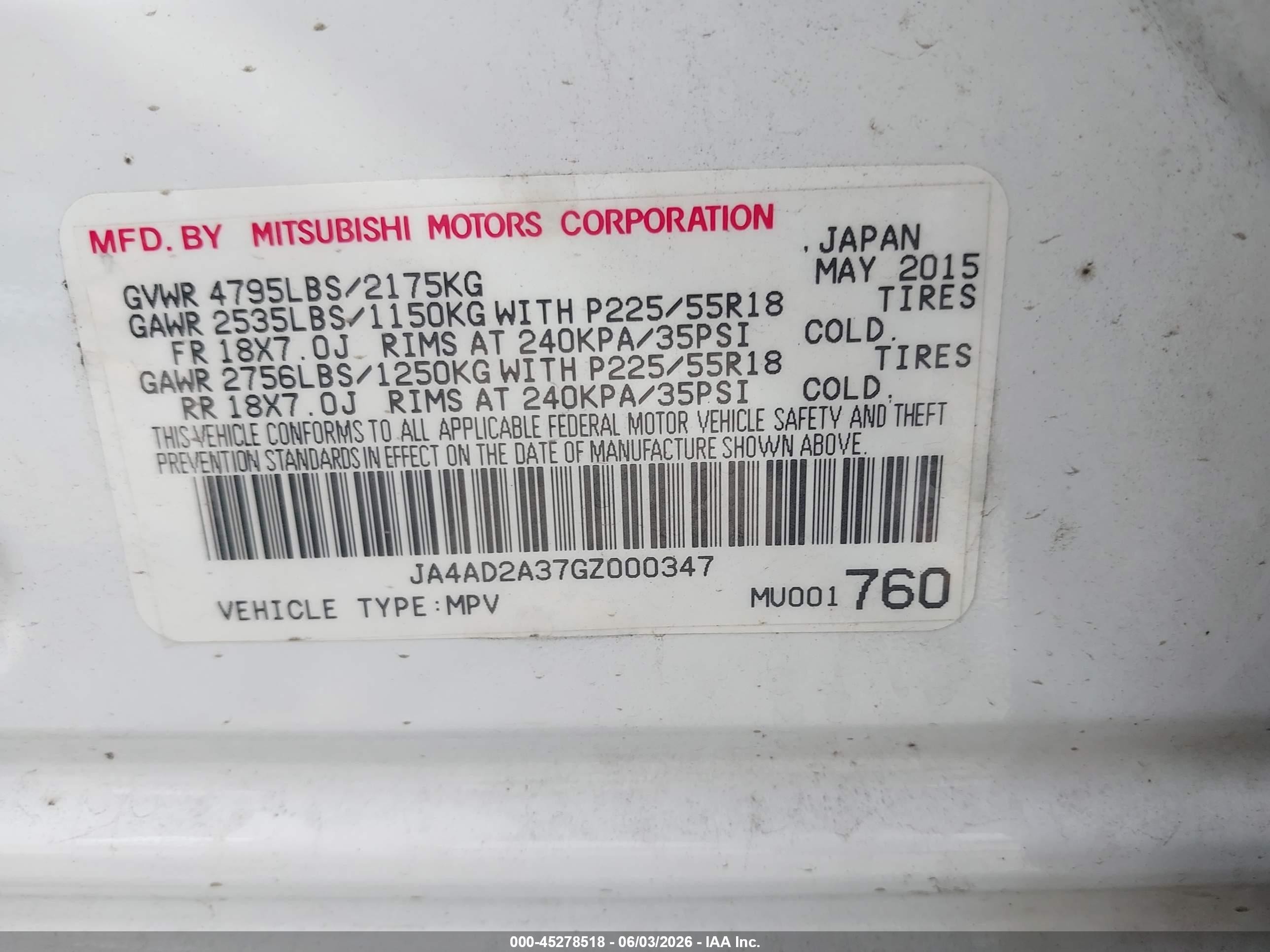 2016 Mitsubishi Outlander Es White vin: JA4AD2A37GZ000347