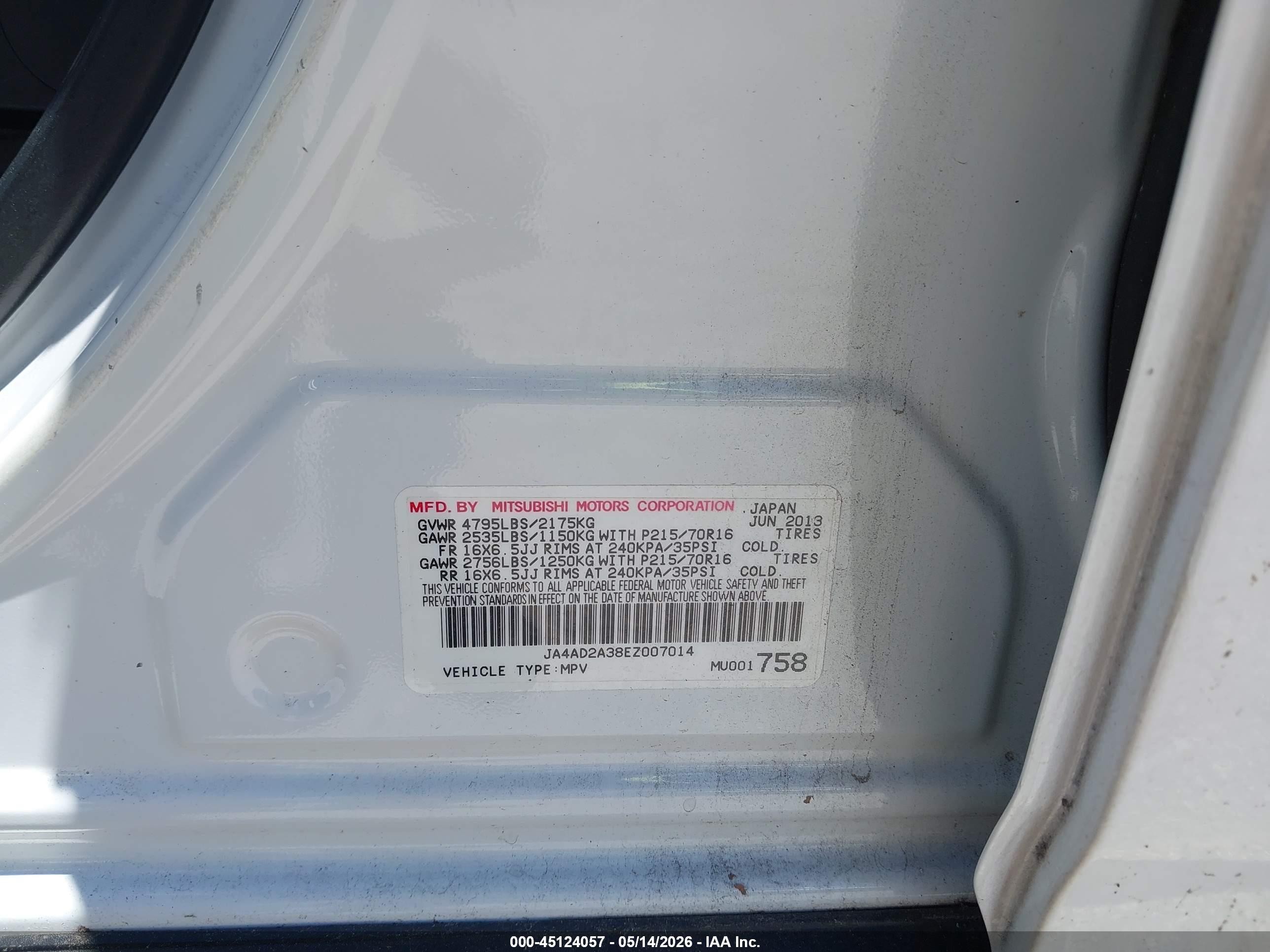 2014 Mitsubishi Outlander Es White vin: JA4AD2A38EZ007014