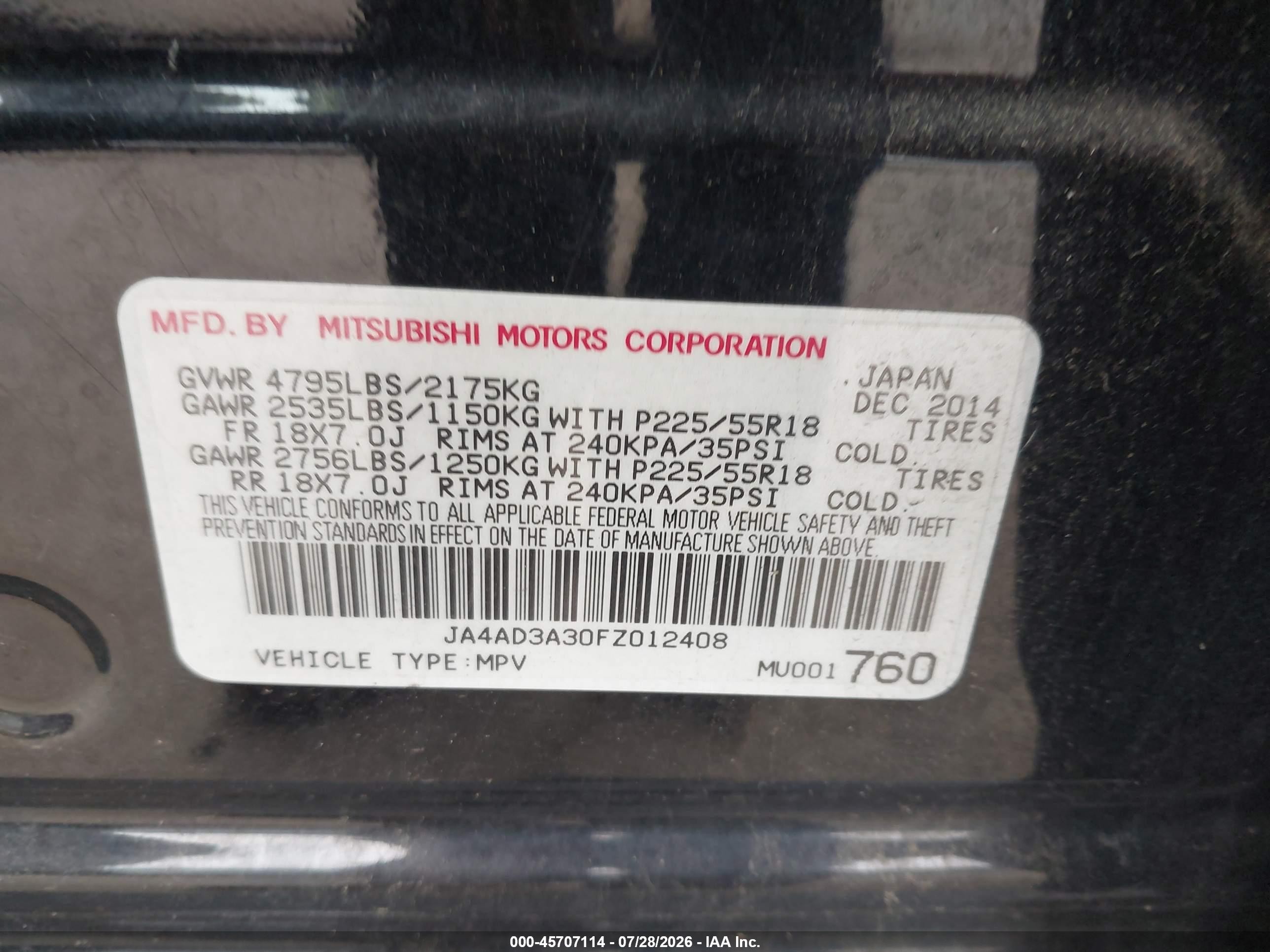 2015 Mitsubishi Outlander Se Black vin: JA4AD3A30FZ012408