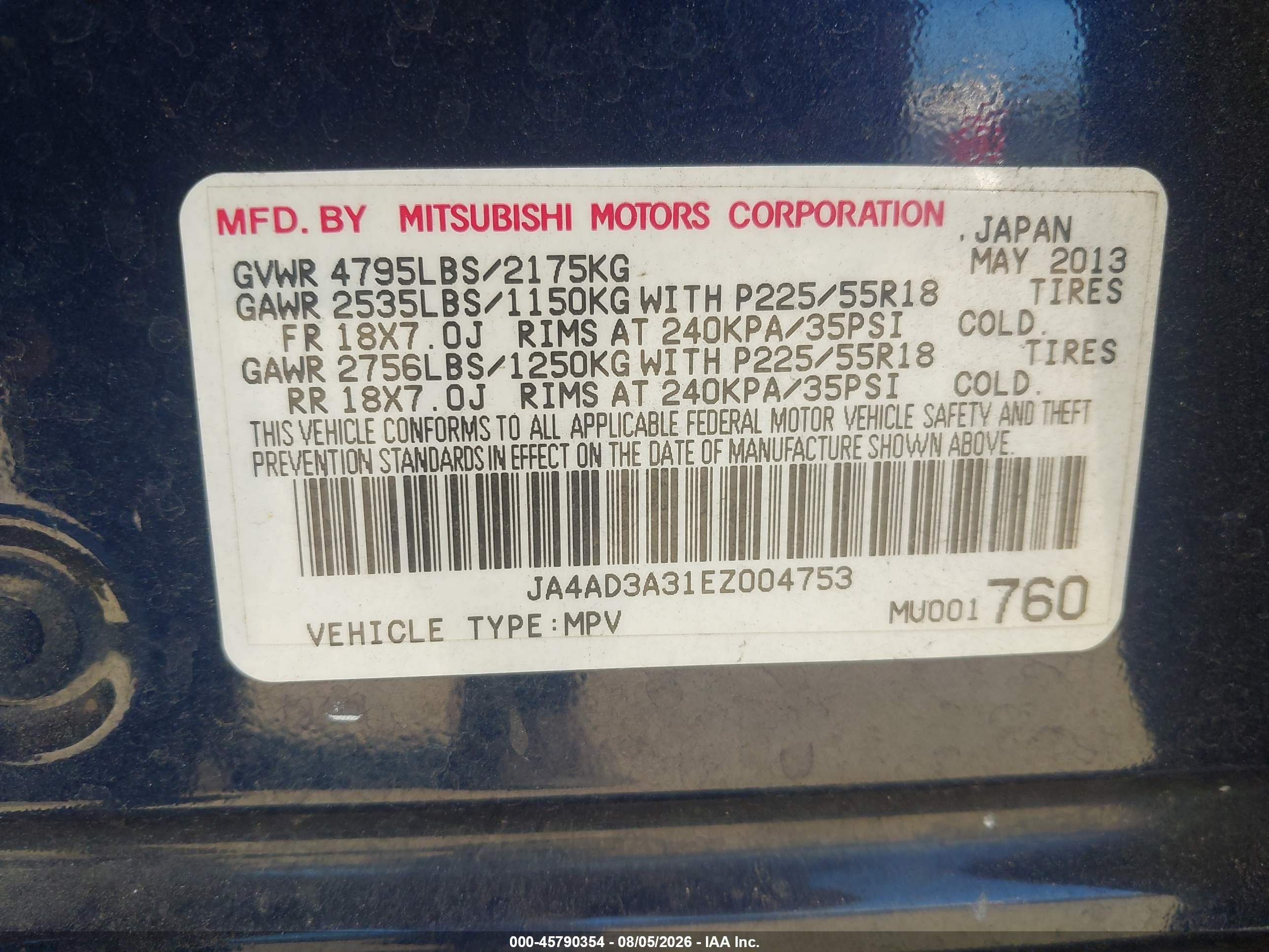 2014 Mitsubishi Outlander Se Blue vin: JA4AD3A31EZ004753