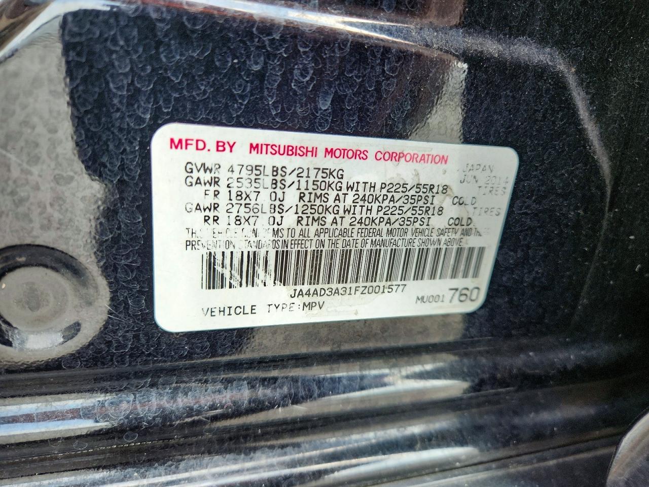 2015 Mitsubishi Outlander Se Black vin: JA4AD3A31FZ001577