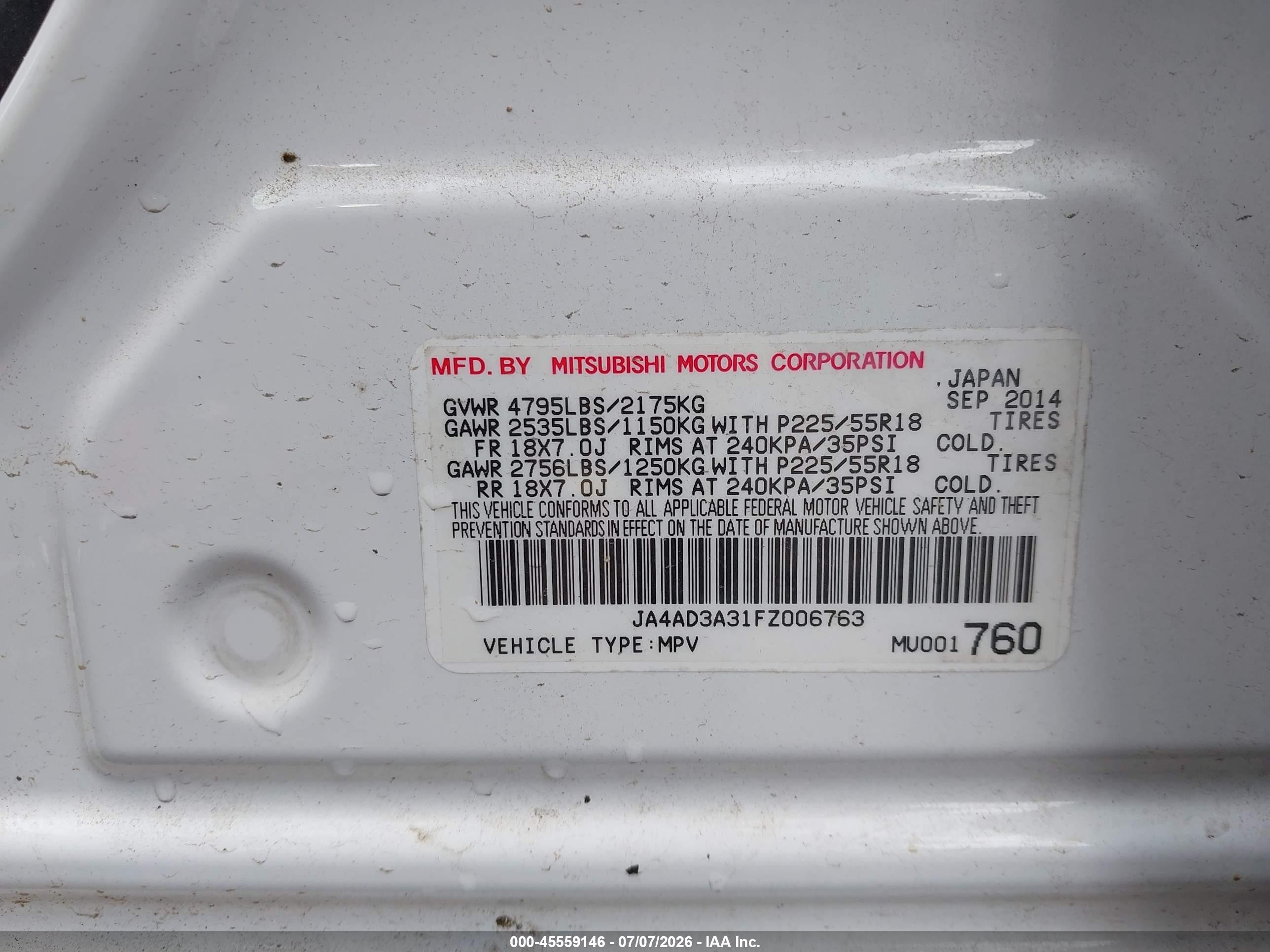 2015 Mitsubishi Outlander Se White vin: JA4AD3A31FZ006763