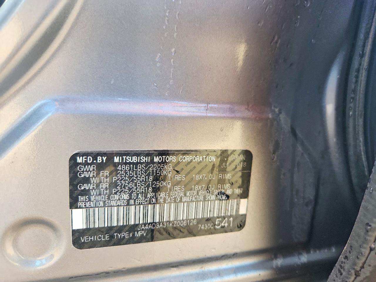 2019 Mitsubishi Outlander Se Silver vin: JA4AD3A31KZ006126