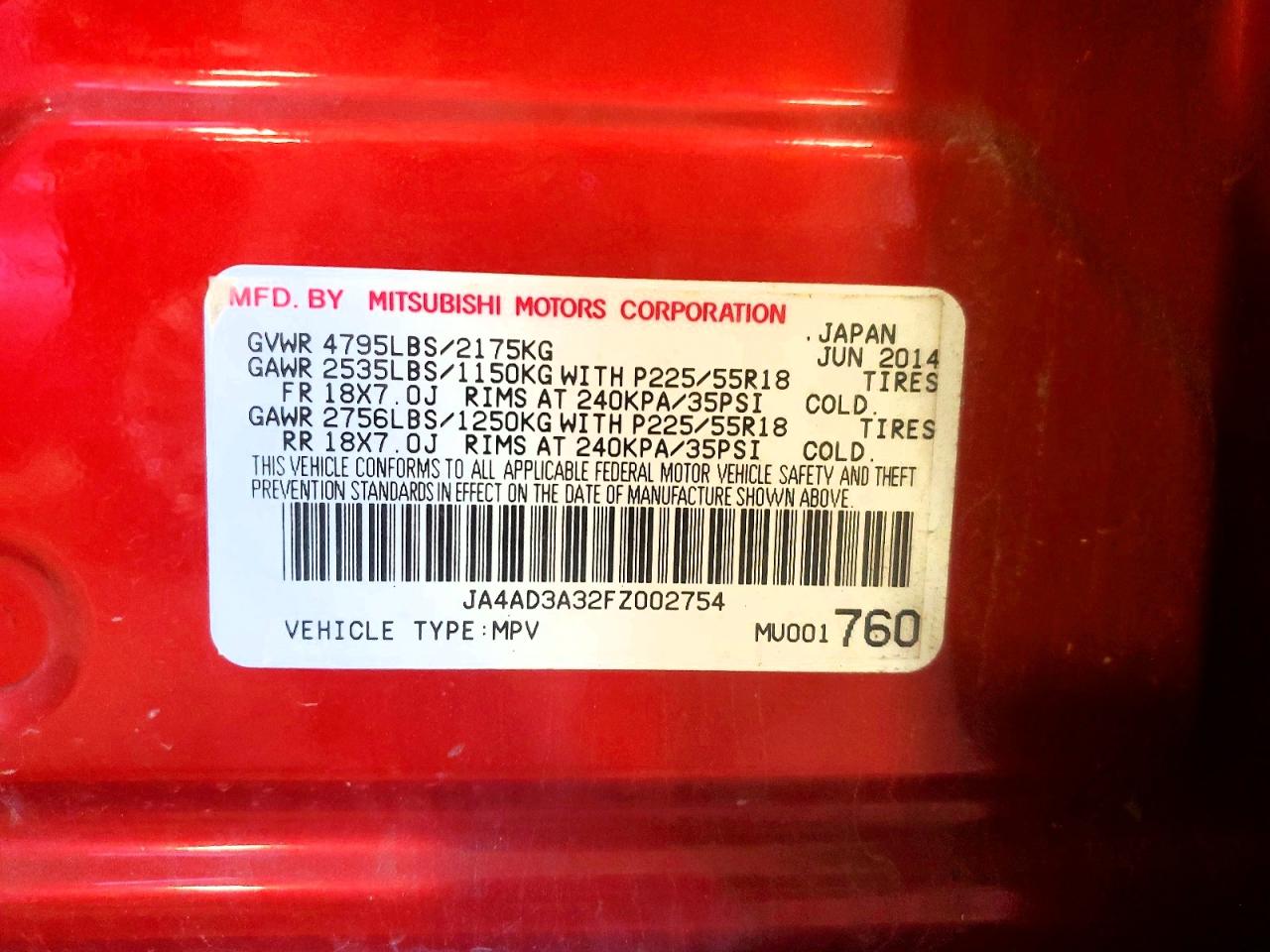 2015 Mitsubishi Outlander Se Red vin: JA4AD3A32FZ002754