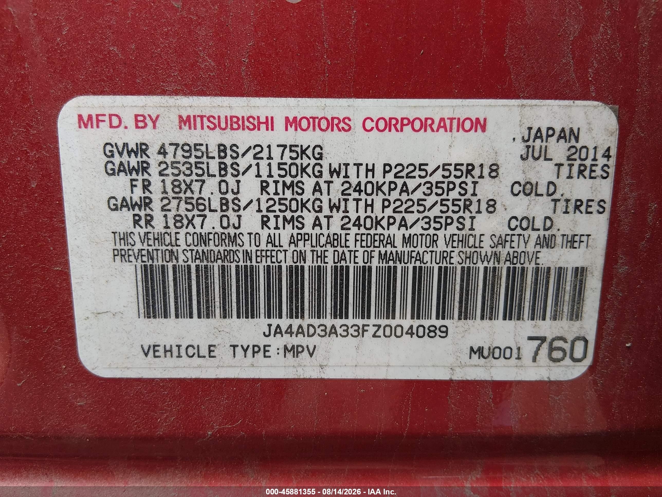 2015 Mitsubishi Outlander Se Red vin: JA4AD3A33FZ004089