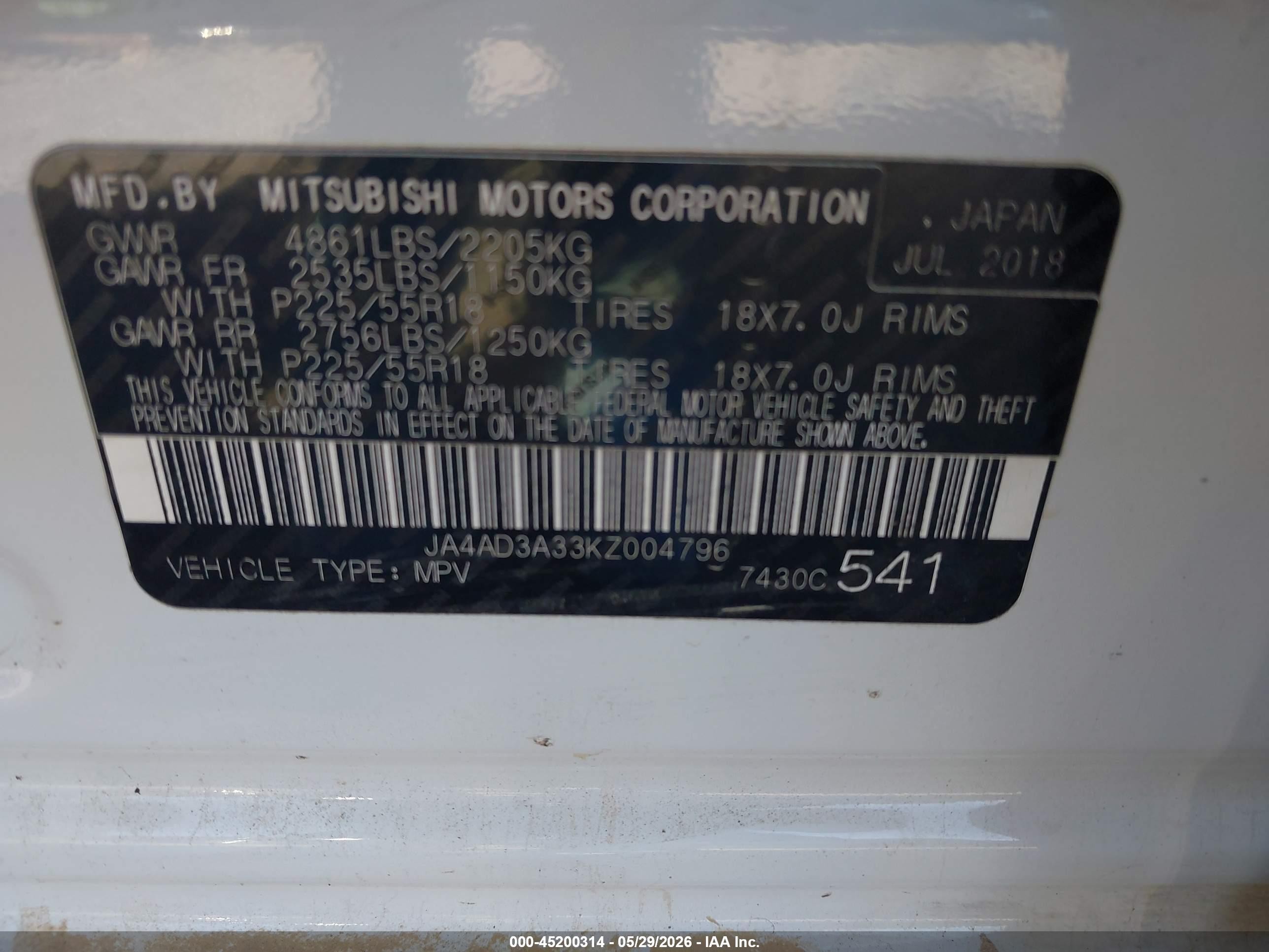 2019 Mitsubishi Outlander Sel White vin: JA4AD3A33KZ004796